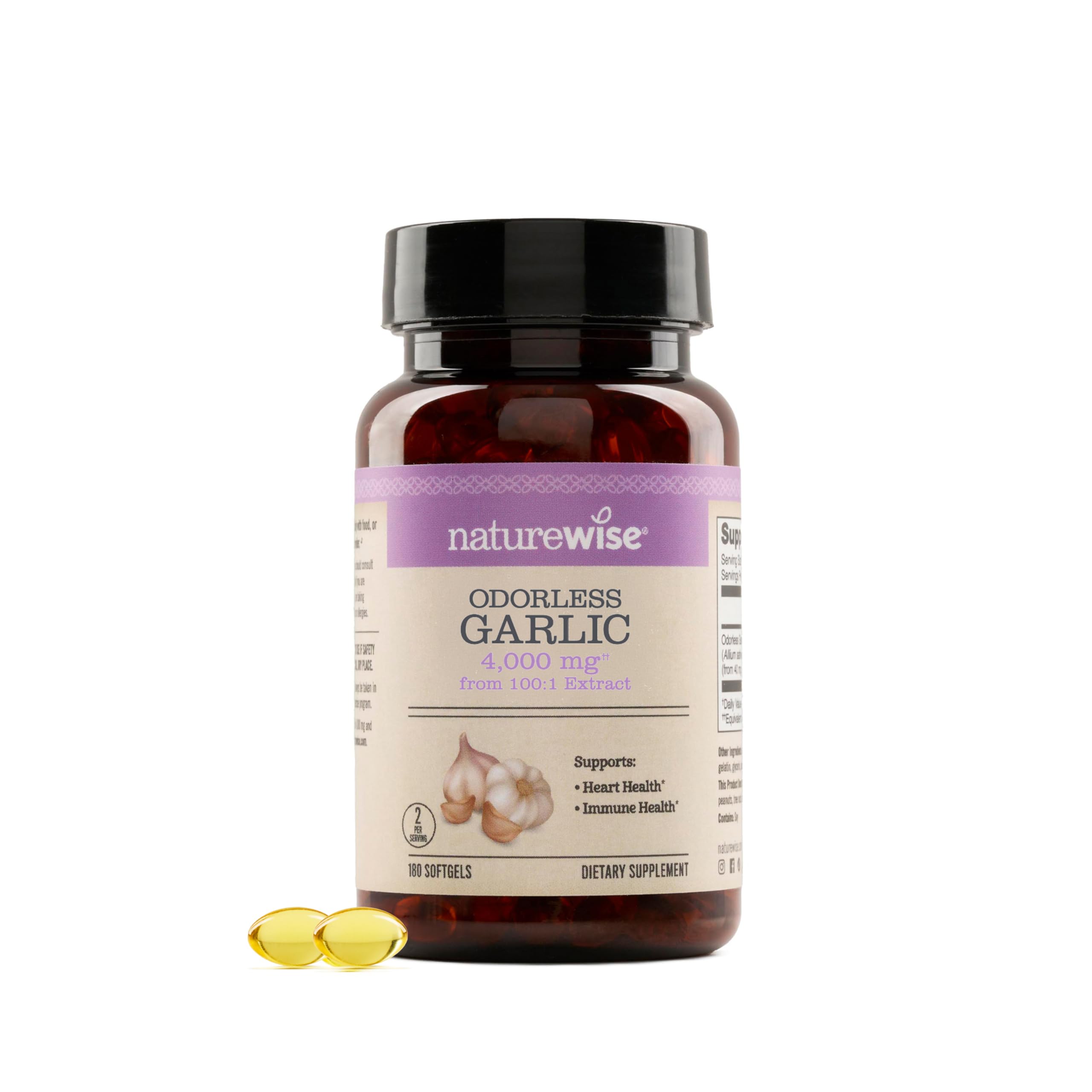 NatureWise Odorless Garlic Supplement 4000mg - Ultra Potent 100:1 Extract - Healthy Cholesterol Formula, Heart Health Support - Non-GMO, Gluten Free,