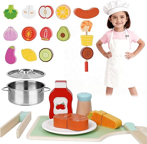 Juego de alimentos de madera para niños pequeños, cortar alimentos para actividades preescolares, accesorios de cocina para niños, juguetes de