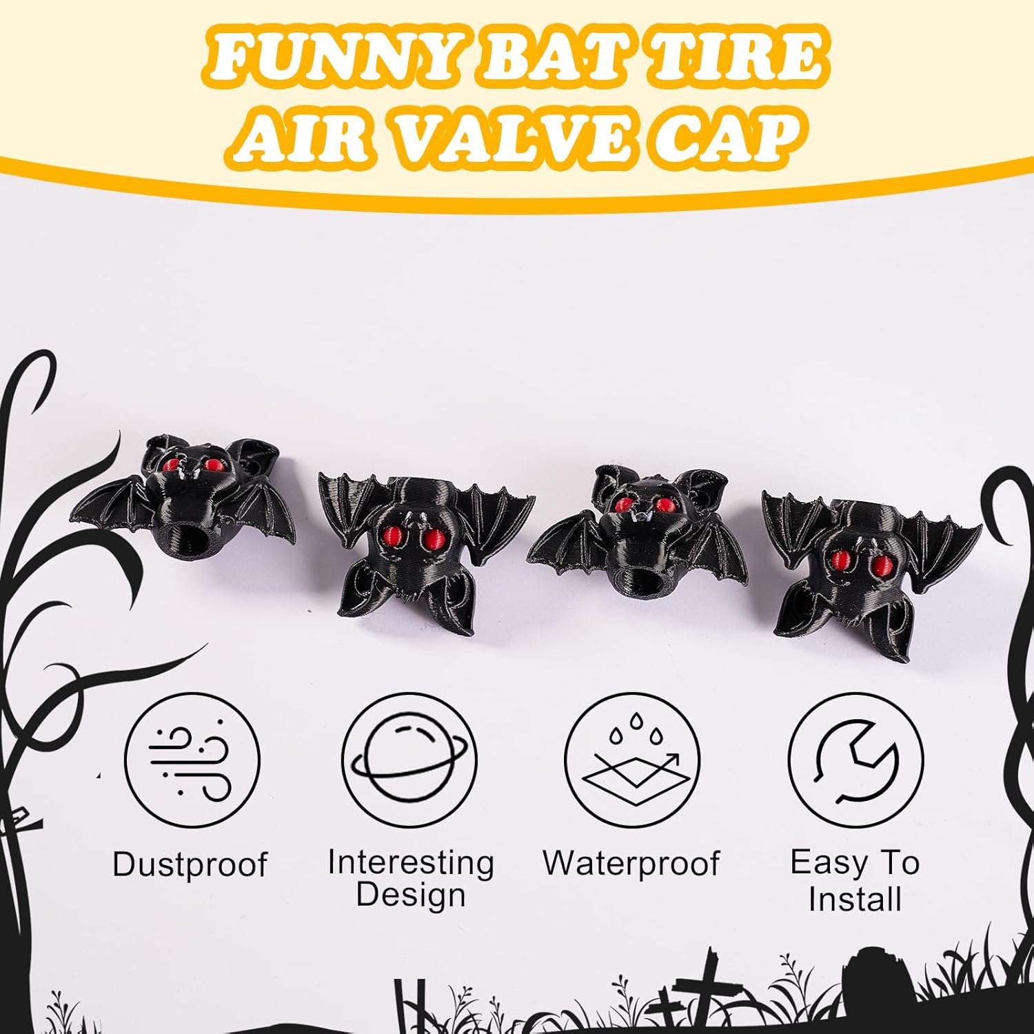 4 Pack Cute Bat Tire Valve Stem Cap, Halloween Valve Stem Cover, Funny Tire Air Caps for Cars Bikes Motorcycles Trucks, Decorative Car Wheel Accessories (Bat) - Image 4