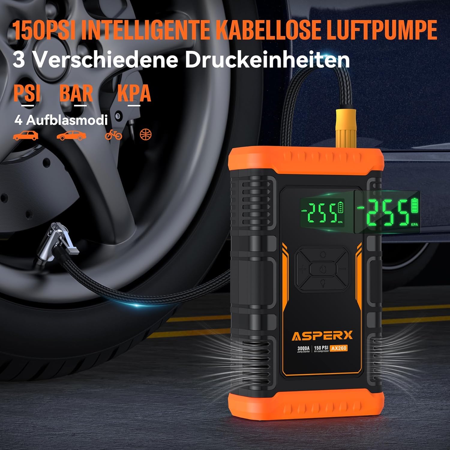 ASPERX Starthilfe Powerbank mit Kompressor,150PSI 3000A Auto Starthilfe Powerbank mit LED Taschenlampe Starthilfekabel,Jump Starter für 12V Motorrad SUV (Bis Zu 10L Benzin Oder 8L Diesel)