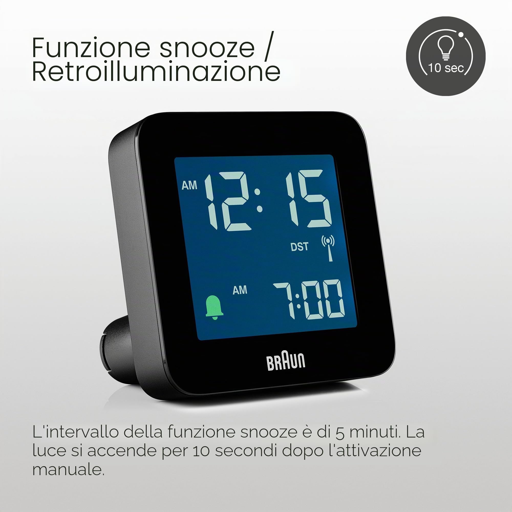 Braun Orologio Sveglia Digitale Radio controllato Fuso Orario Europa Centrale (DCF) con Funzione Snooze, Display LCD, Funzione Quick Set, Suono Sveglia Beep con crescendo, Nero, BC09B-DCF.