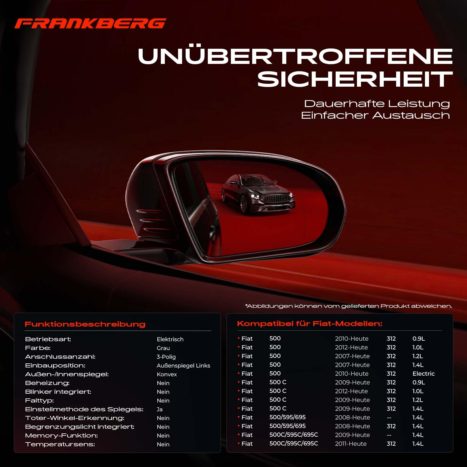 Frankberg Specchio Specchietto Retrovisore Elettrico Sinistra 3-Poli Compatibile con 500 312 2007-2023 500 C 312 2009-2023 Replace# 71740496