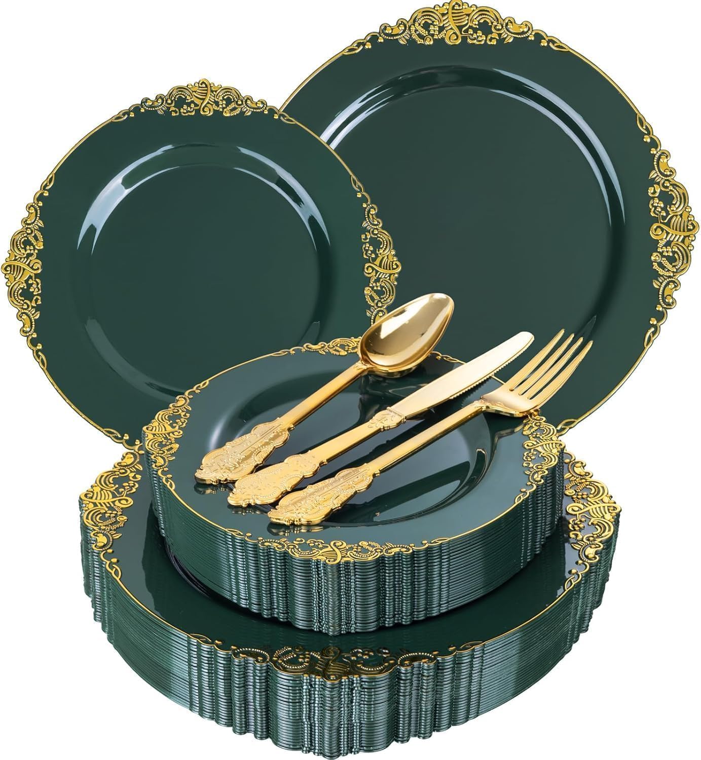 Wedding Plates & Silverware Set - 125PCS Gold & White -10