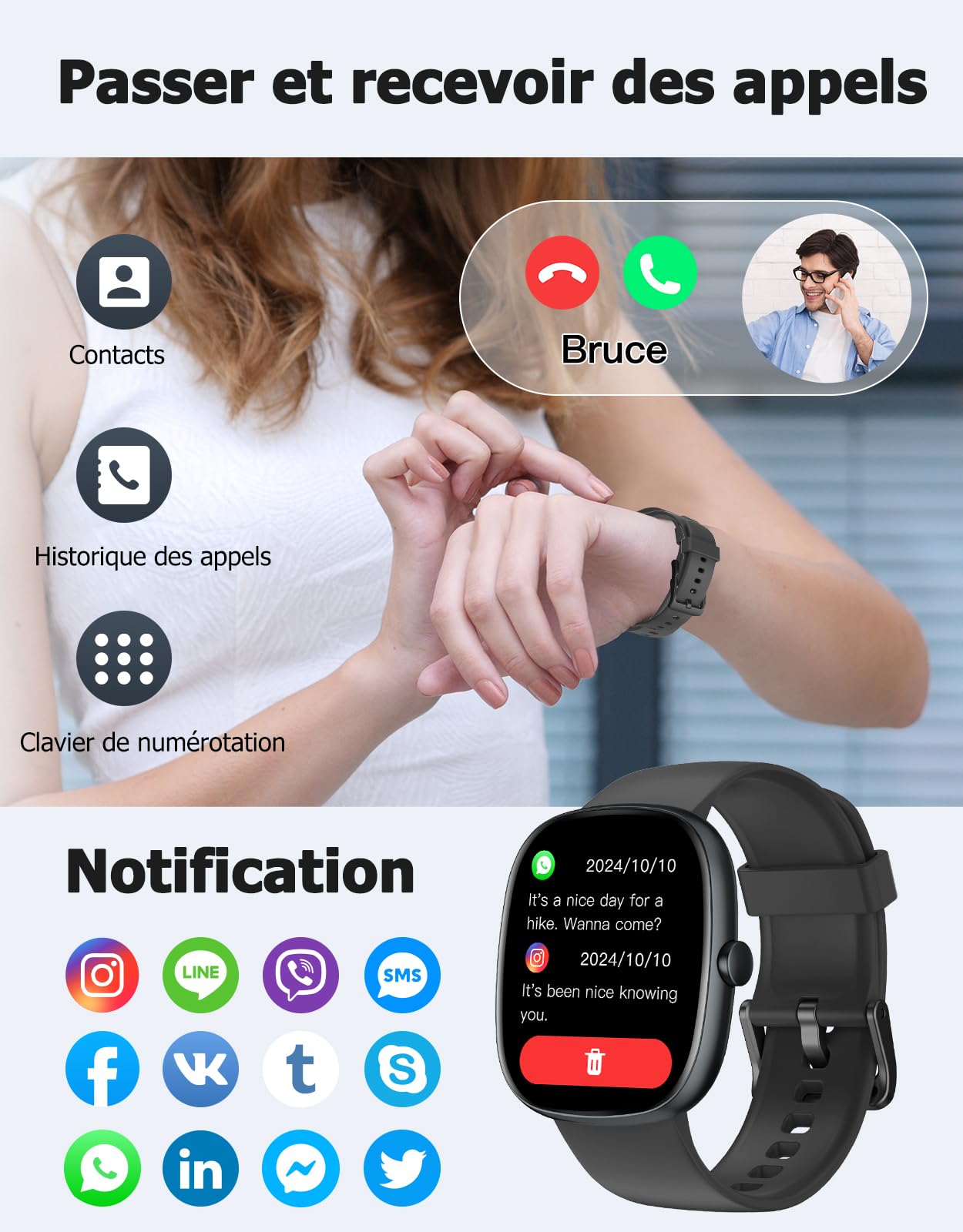 HUAKUA Montre Connectée Homme Femme Smartwatch Appel Bluetooth Notification | Montre Sport pour Samsung Xiaomi iPhone Android iOS Podometre Cardiofréquencemètre Oxymetre Multisport Etanche IP68
