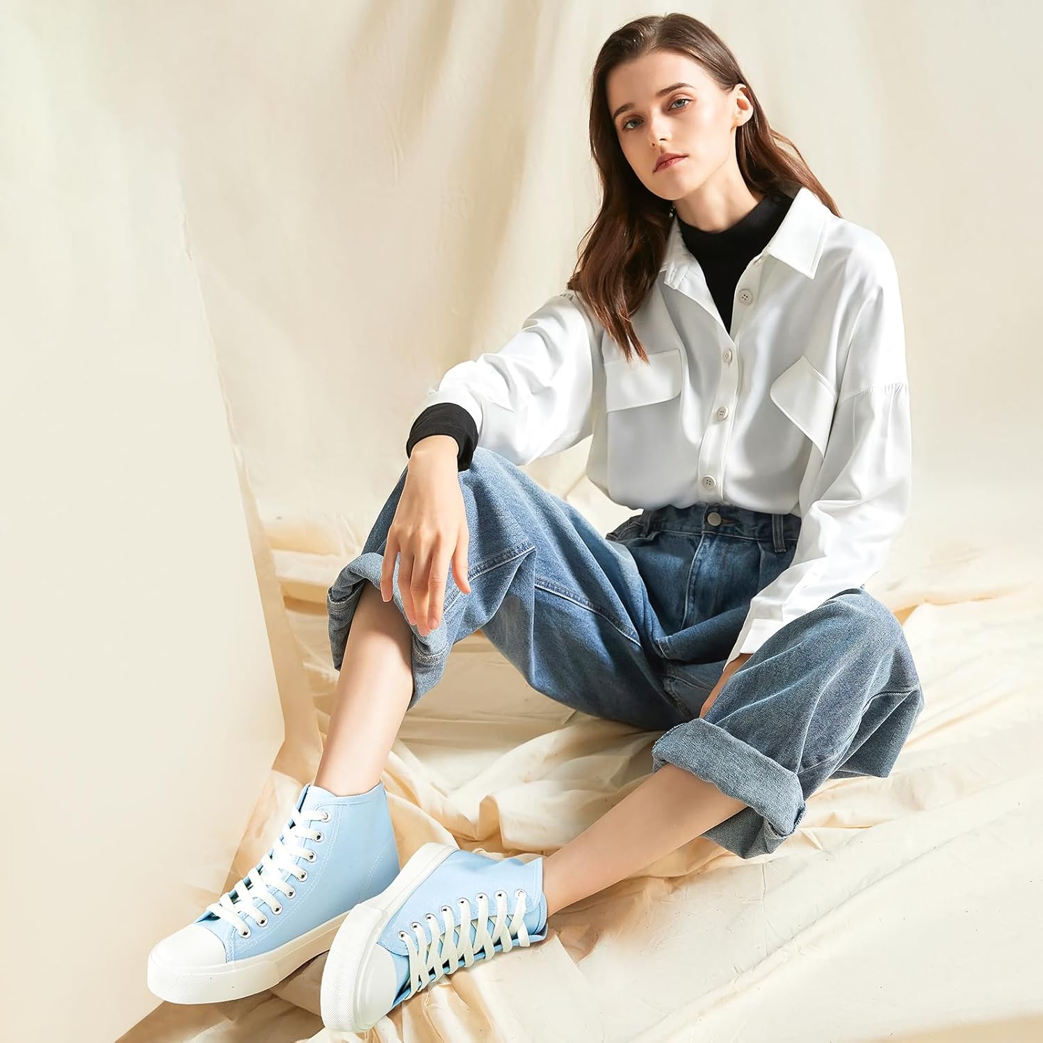 Uoidru High Top Sneakers for Women Canvas Shoes White Canvas High Tops Women Casual Shoes Lace Up Fashion Sneakers - Image 3