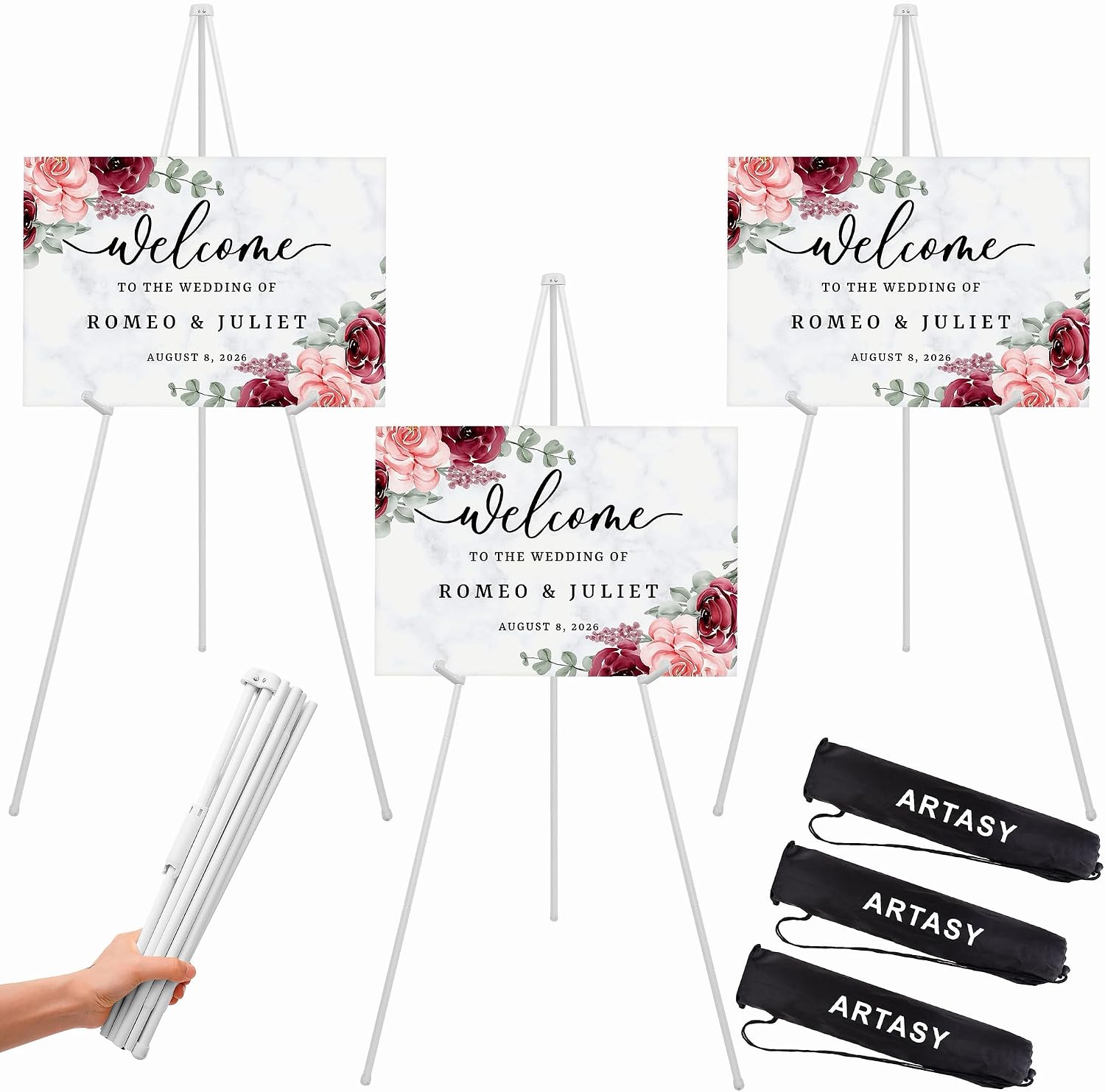 ARTASY 63" Easel Stand for Wedding Signs, Posters, Portable Artist Easel for Painting Canvas, Tripod for Home and Office, Supports 5 lbs-White 2/Pack