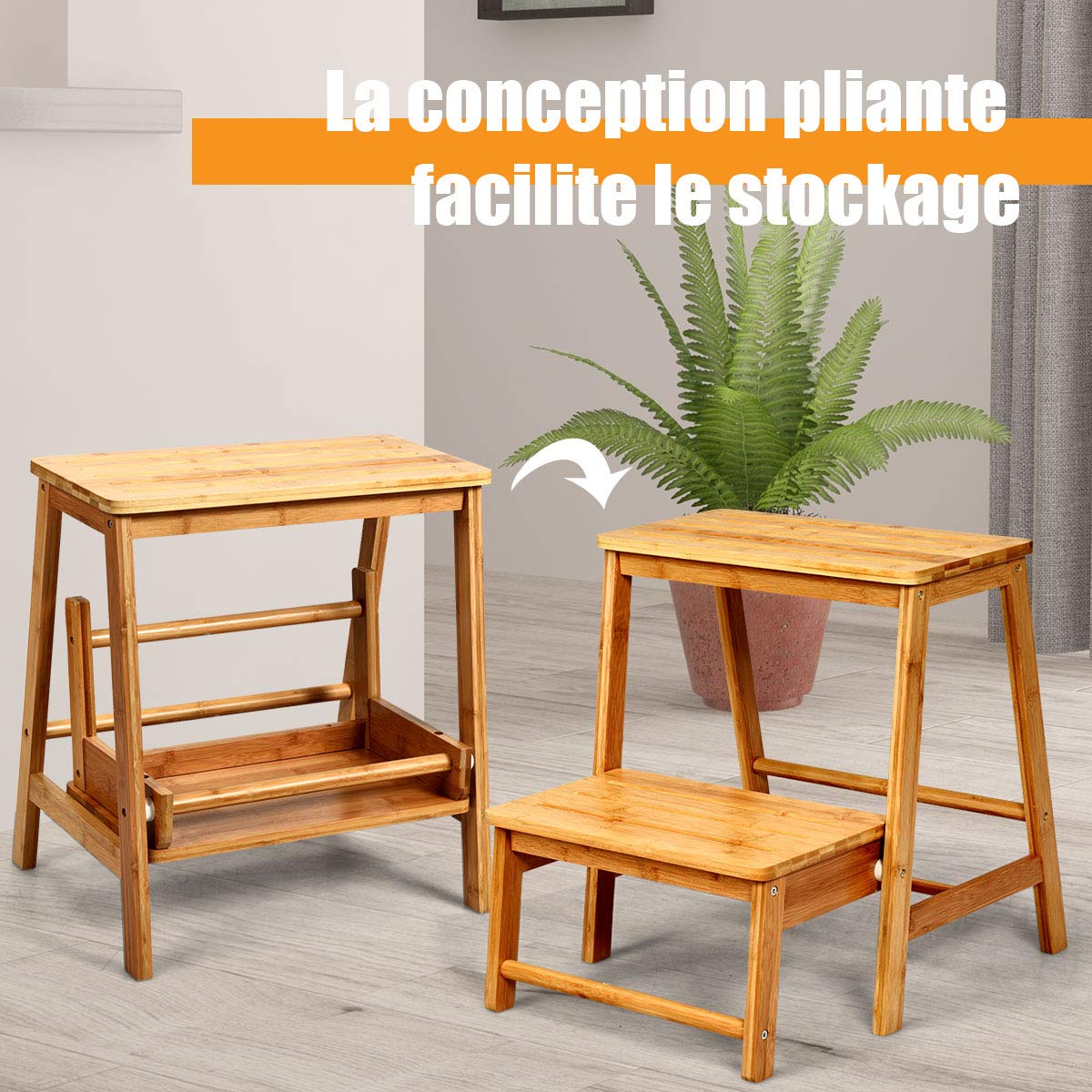 COSTWAY Marche Pied Bambou Pliant Portable à Deux Etages avec Levier Rabattable, Escabeau Tabouret Surface Antidérapante et des Bords Arrondis, Charge 150kg, 45x51x48cm (Bois)
