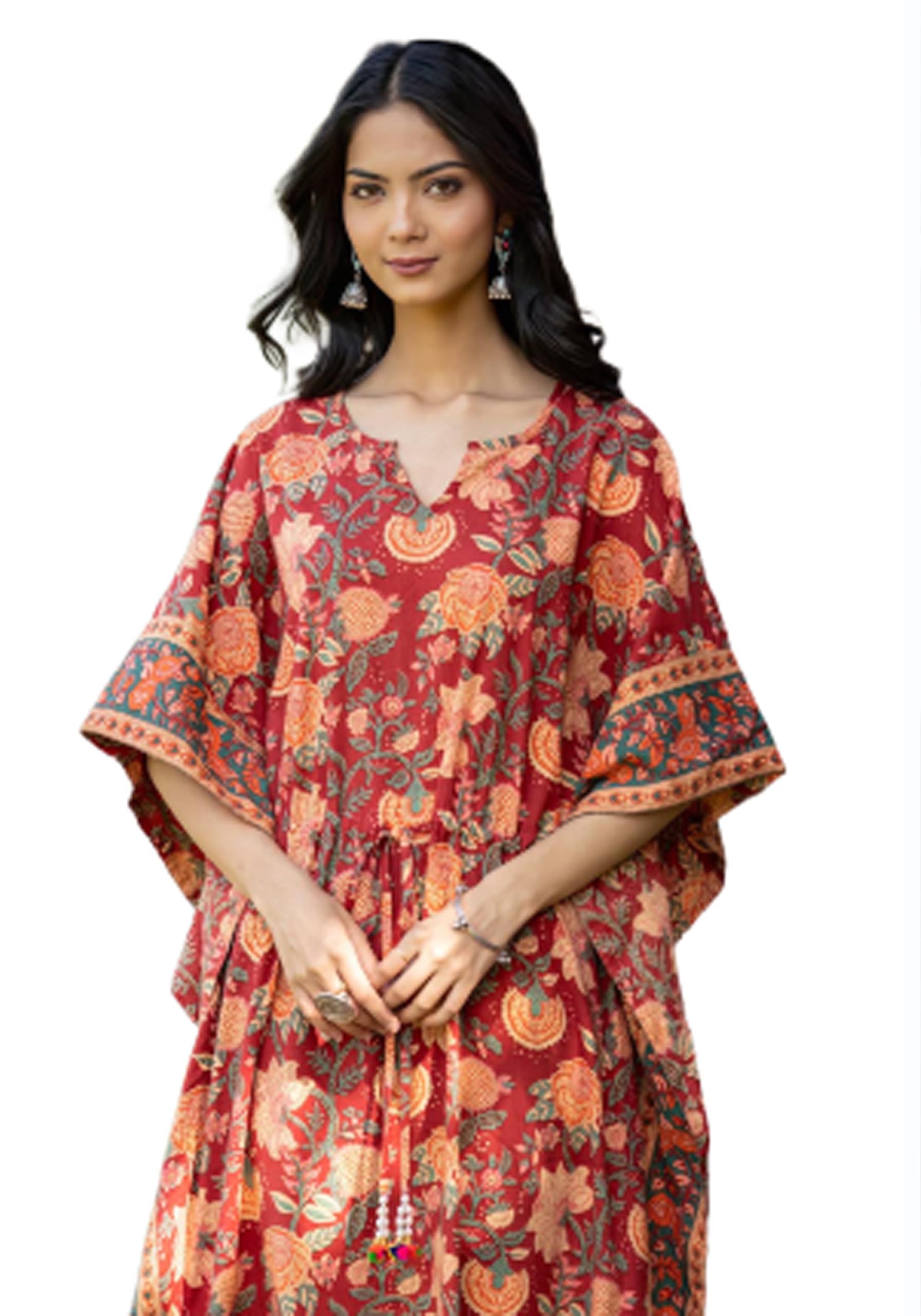navyas fashion Women's Pure Cotton Full Length Kaftan Dress, Notched Neck, Drawstring with Tassels at Waist, 2 Side Slits, Floral Print, Bohemian Style (Large)-picture-11