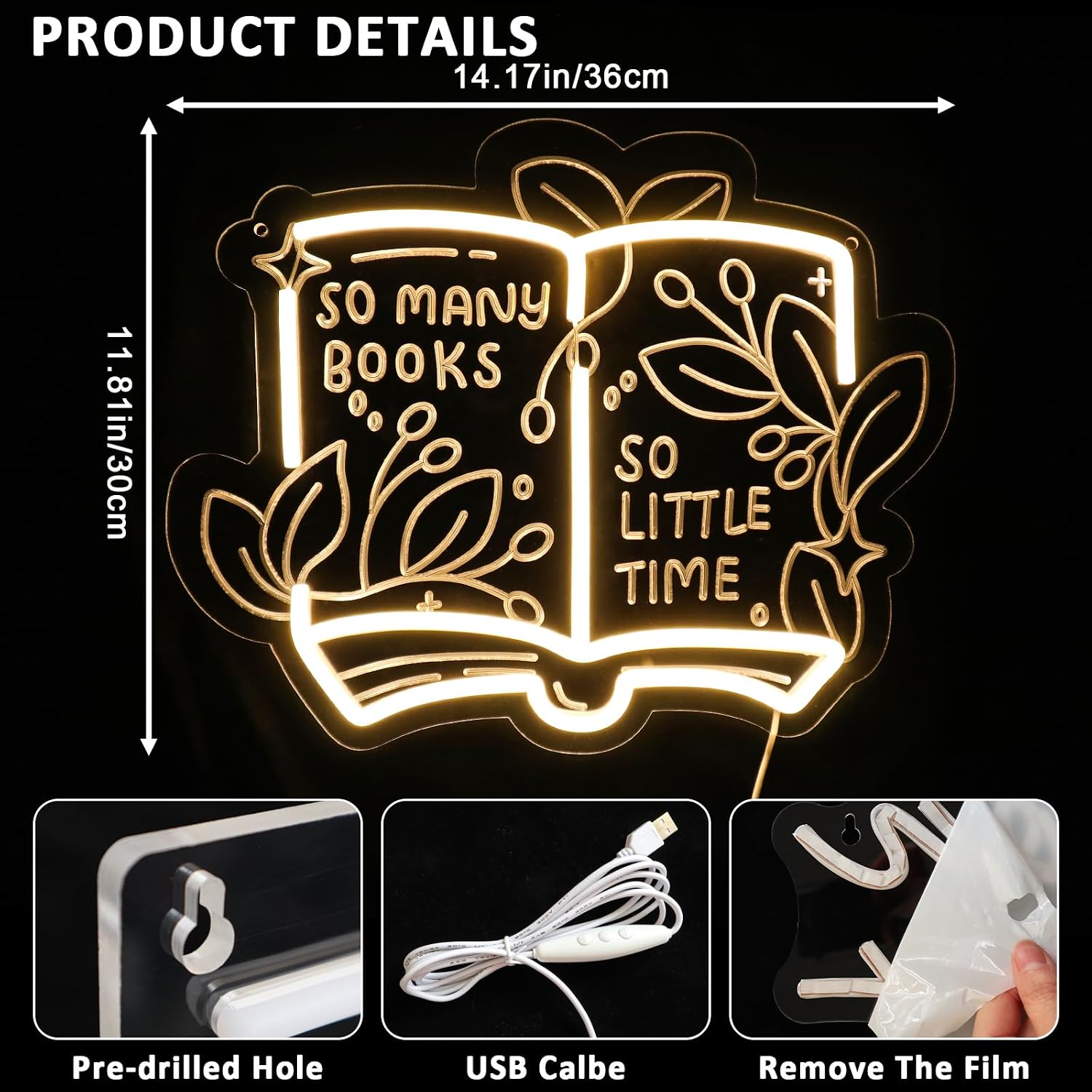 PMCVYH So Many Books So Little Time Neon Sign for Wall Decor, Reading Led Signs for Library, USB Dimmable Neon Lights for Classroom Read Corner Bedroom Study Room Home Book Club Motivational Wall Art