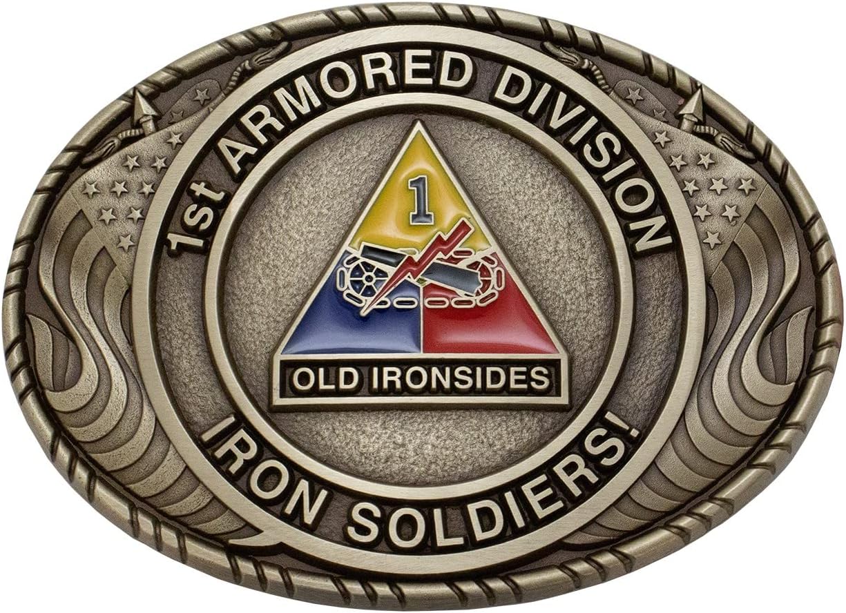 Indiana Metal Craft US Army 1st Armored Division Double USA Flag Solid Brass Buckle with Belt - MADE IN USA
