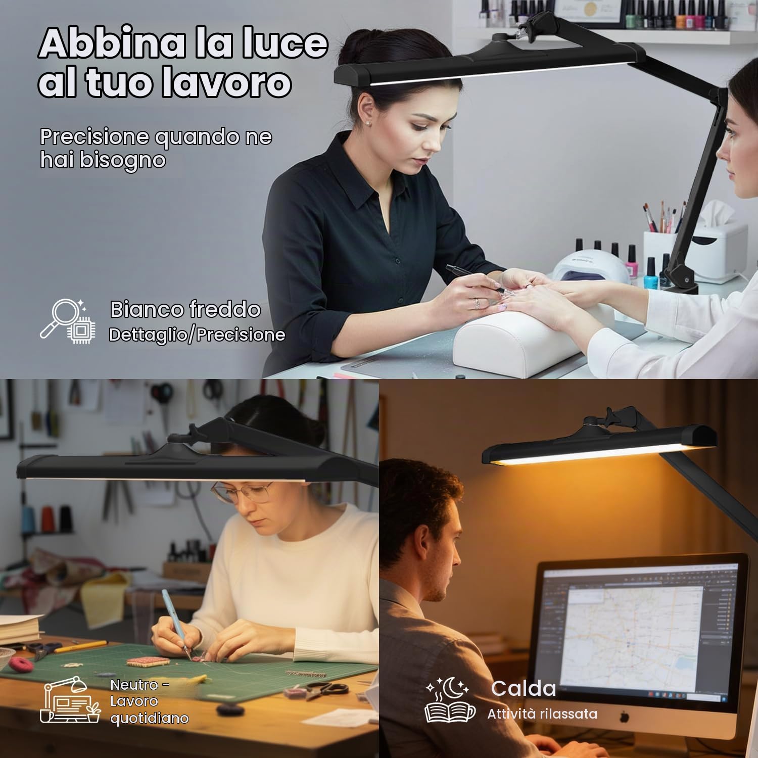 Neatfi Lampada da Scrivania LED da 3.500 Lumen – 45W Dimmerabile | 3 Modalità di Luce | 540 LED SMD | Controllo Touch | Paralume in Metallo Largo 66cm | Artigianato e Ufficio (Nero, CCT con morsetto)