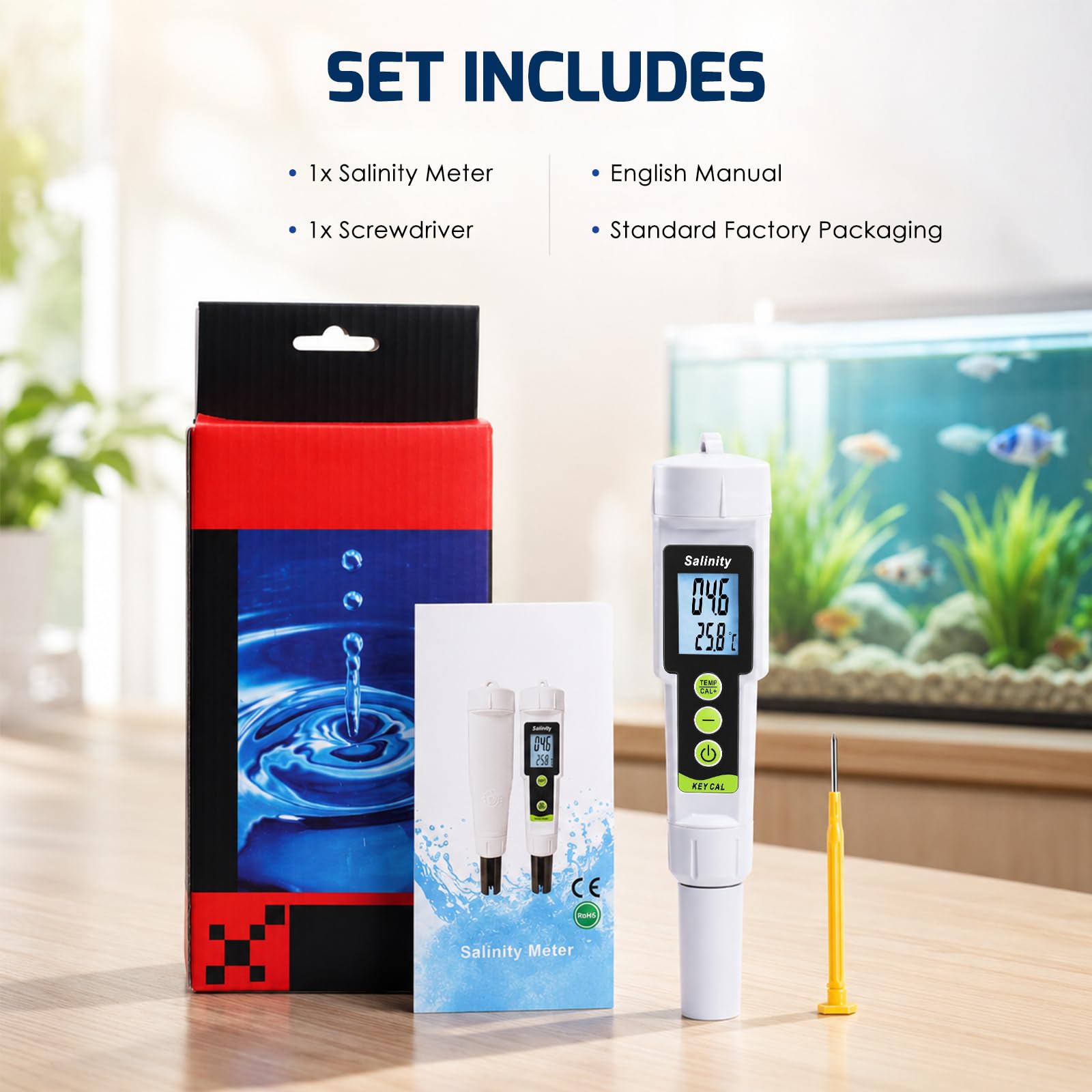 TEKCOPLUS Testeur de salinité 2 en 1 0–199,9 PPT avec ATC, testeur de salinité et de température numérique pour aquarium, réservoir marin, étang à poissons et piscine, eau de mer salée, hydroponie