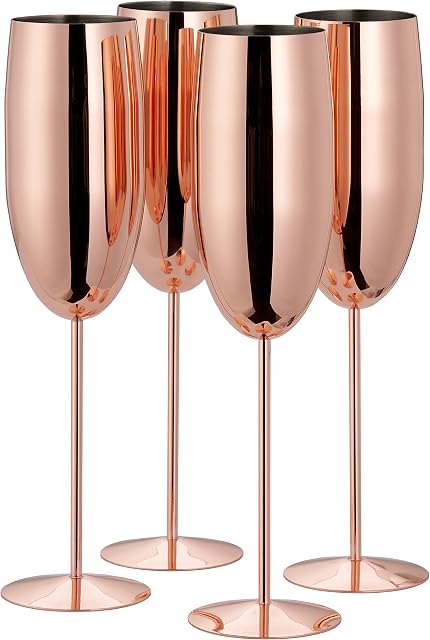Oak & Steel - 4 Stainless Steel Copper Rose Gold Champagne Flutes, 285ml - Unbreakable Glass Gift Set for Valentines Anniversary Wedding Birthday Party