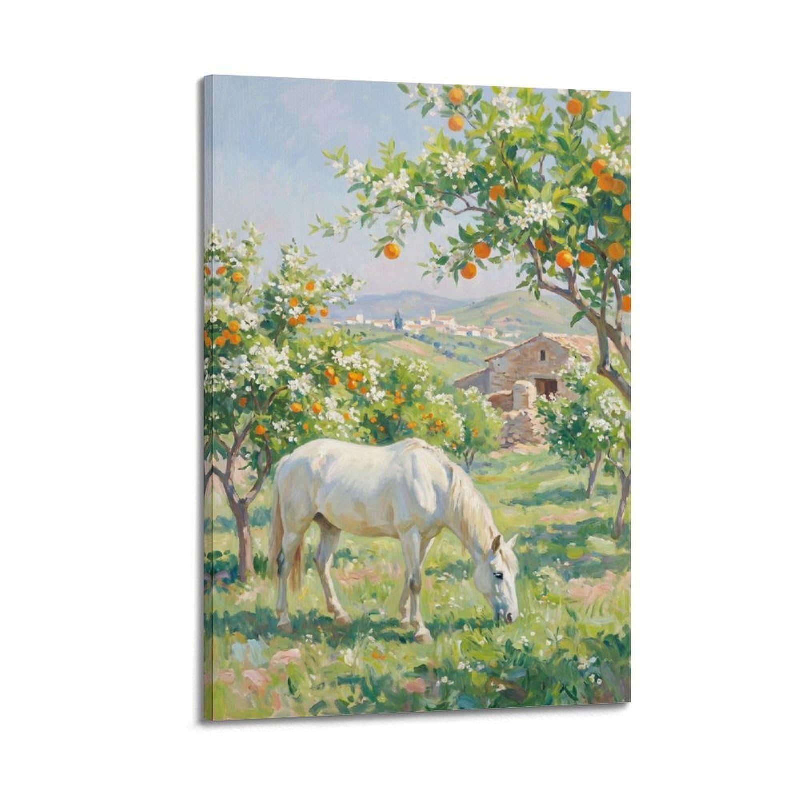 XKUGA Andalusian Horse Travel Poster Spring Orange Blossom Village Modern Decorative Canvas Prints - Ideal Wall Art for Family, Man Cave, Game Room, Boys & Girls Bedroom 20x30inch(50x75cm)