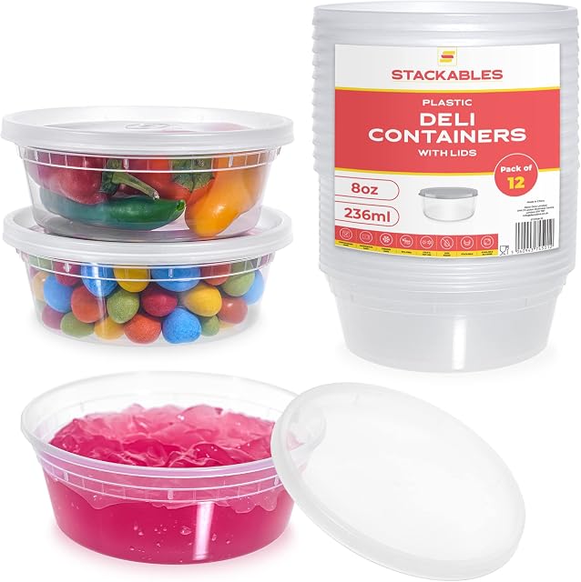 STACKABLES ~ Pack of 12 Food Storage 236ml Plastic Containers with Lids Combo Pack ~ 8oz Microwave & Dishwasher Safe Deli Food Containers with Lids Reusable Container Set Tubs for Meal Prep