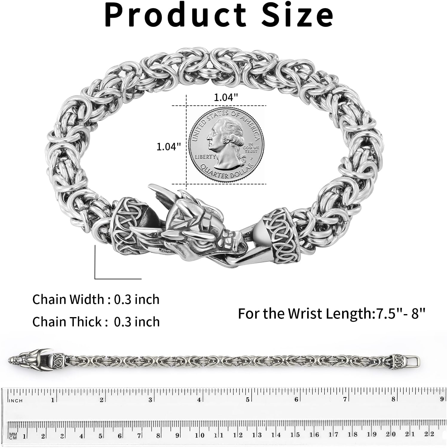 Handmade Dragon Bracelet for Men, 316L Stainless Steel Byzantine Chain, Vintage Black/Silver Finish, 8mm Width, 8.4 Inch Length, Norse Viking Wristband Jewelry Gifts for Husband - Image 4