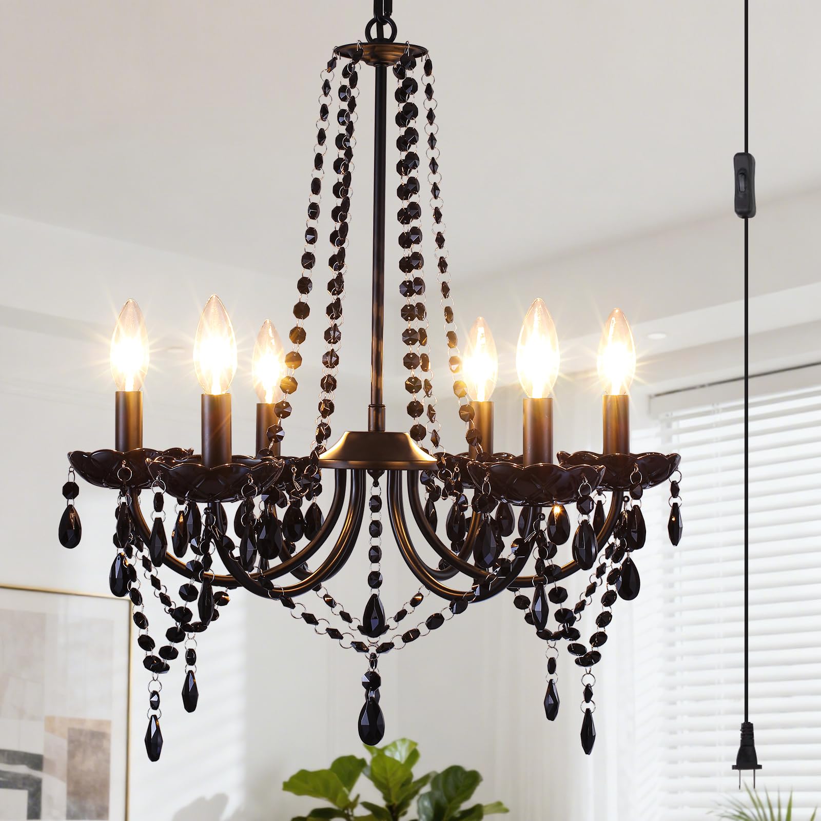 Black Crystal Plug in Chandelier for Dining Room Light Fixture 6-Light