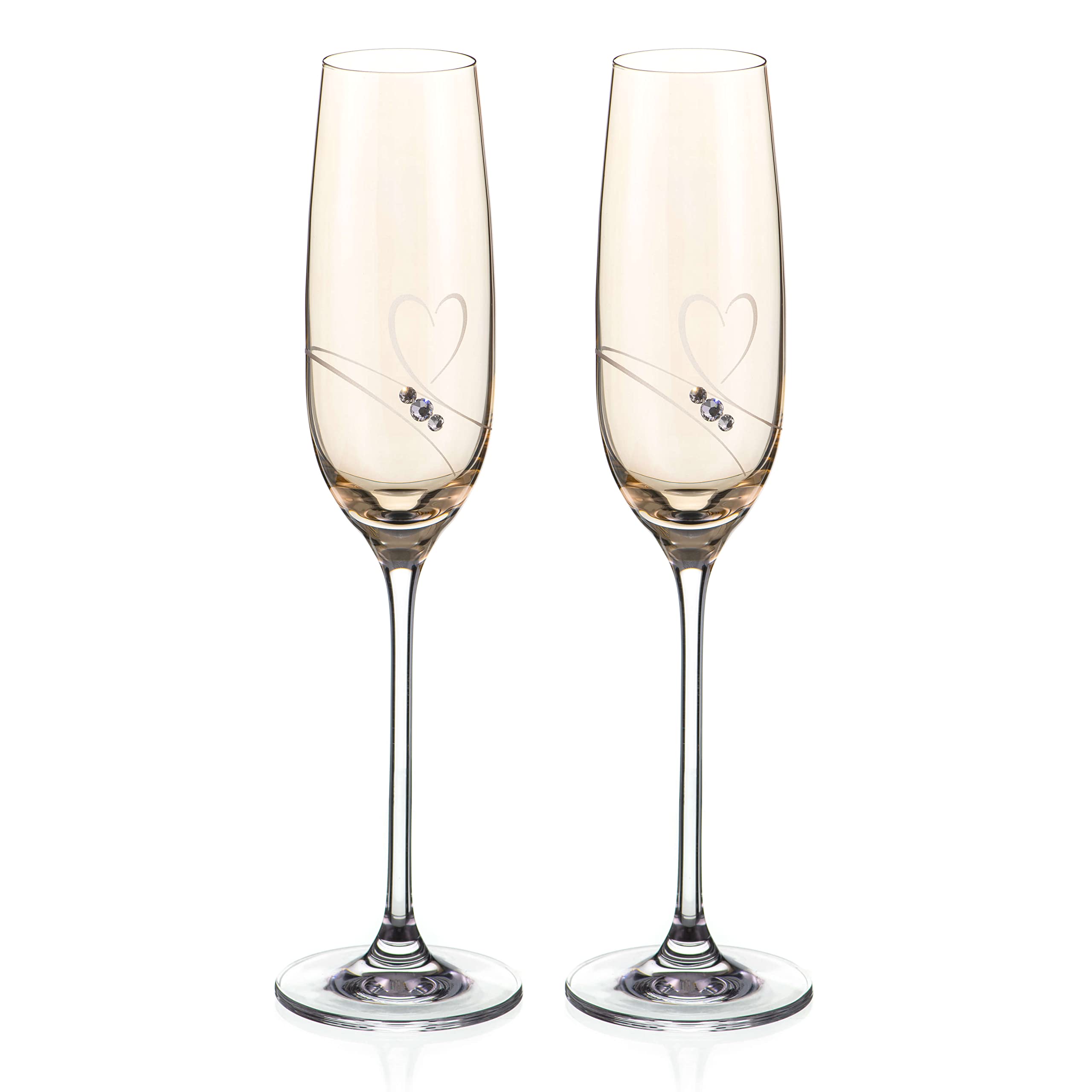 DIAMANTE Gold Lustre Champagne Flute Prosecco Glasses Pair 'Romance' Embellished with Swarovski Crystals - Set of 2 Amber Lustre Flutes