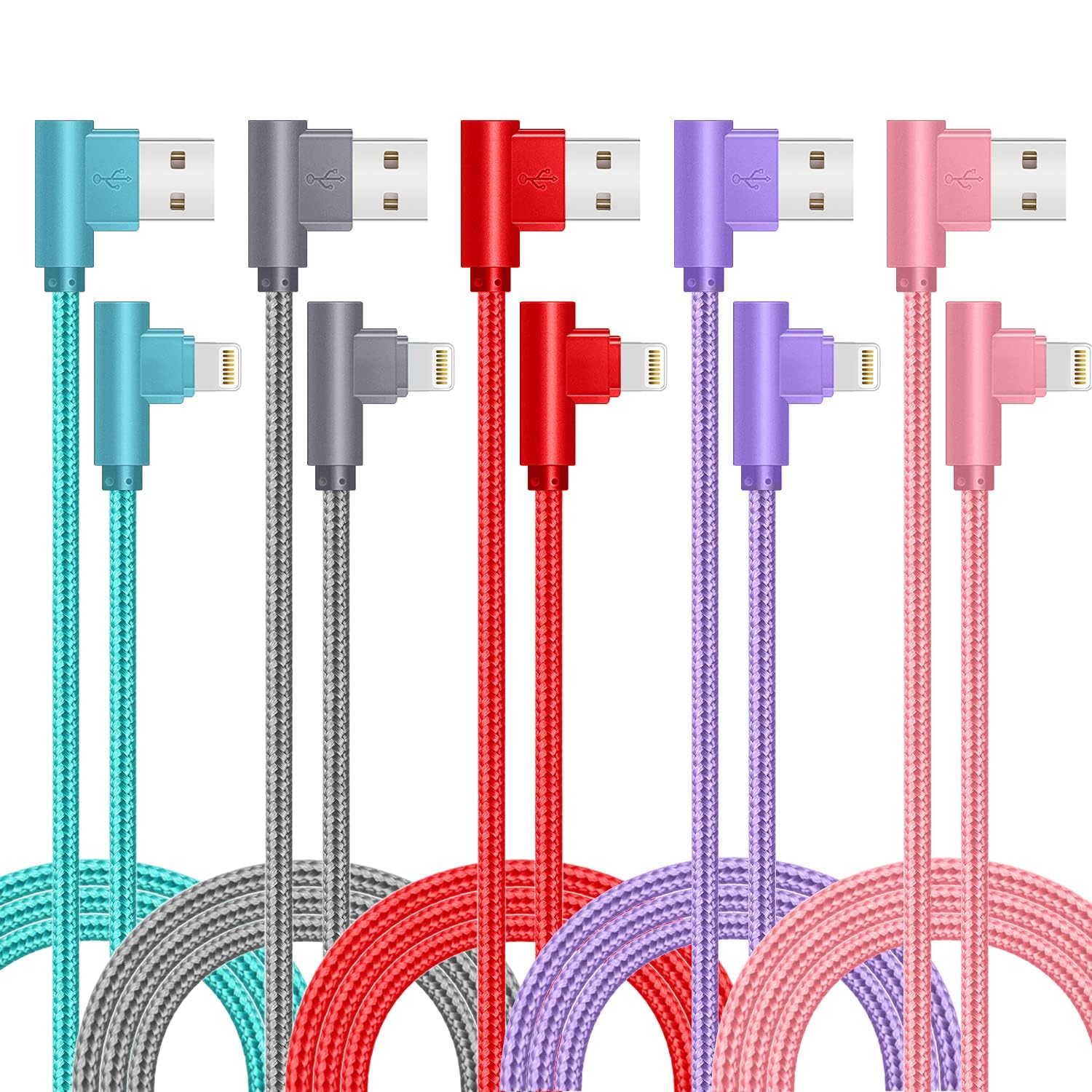 SHUSEL for iPhone Charger Cable Right Angle Lightning Cable 5Pack 90 Degree 6FT Nylon Braid Charging Cord Fast Charging Compatible for iPhone 14/13/12