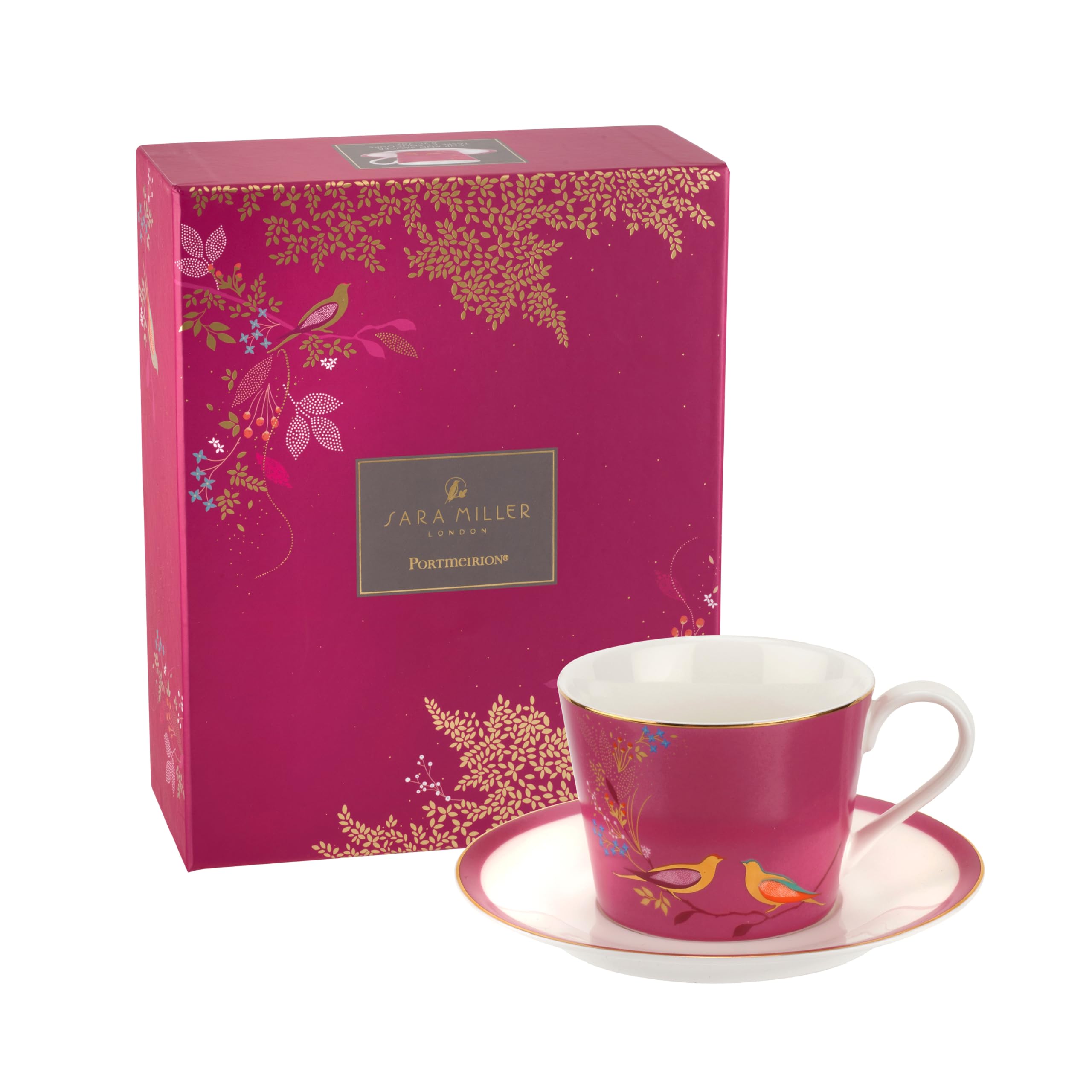 Portmeirion x Sara Miller London Fine China Cup and Saucer Set - Pink & White Tea Cup with 22ct Gold Detailing, Chelsea Collection, A Timeless Blend of Style and Quality