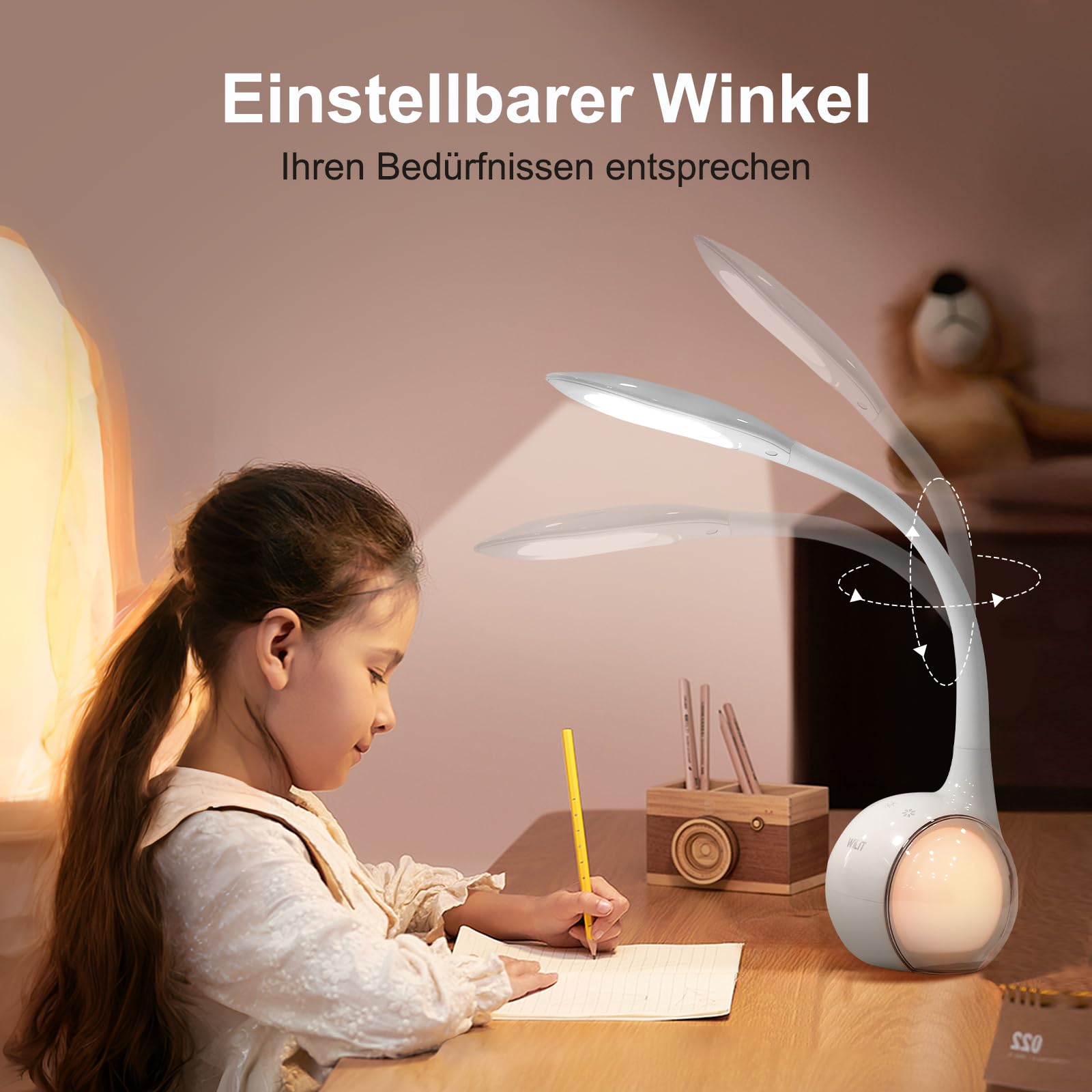 WILIT T3 Lampada da Scrivania Bambini, Lampada da Tavolo LED Regolabile con Luce Notturna Multicolore RGB, 3 Livelli di Luminosità, Lampada da Lettura con Controllo Tattile, Bianca