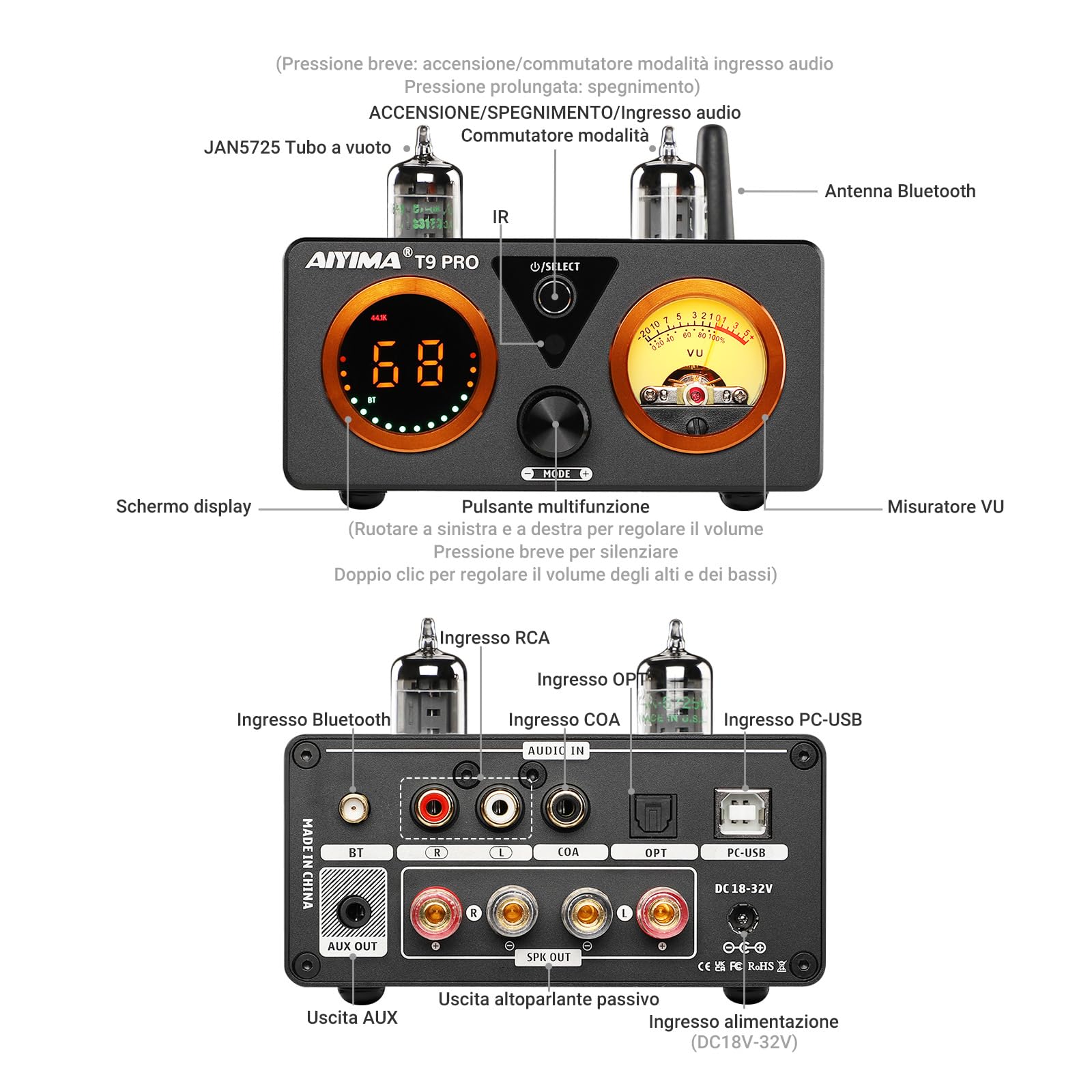 AIYIMA T9PRO JAN5725 Amplificatore a valvole 100Wx2 TPA3250 Stereo USB DAC Amp QCC3040 Bluetooth aptxHD COAX/OPT Amplificatori digitali Hi-Fi per audio domestico con VU Meter (alimentatore 32V)