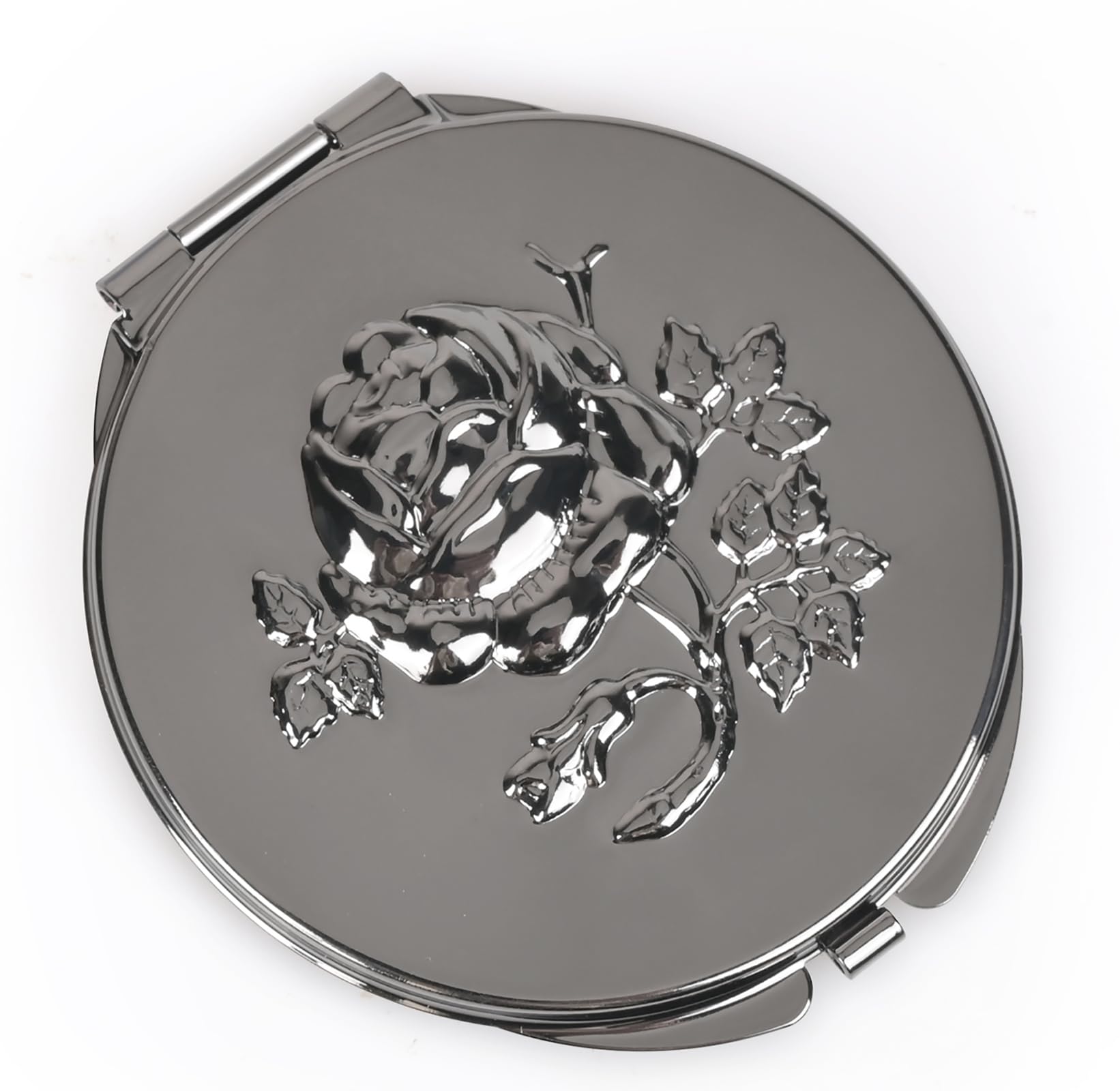 Miroir pliable de poche en métal noir fusil avec loupe de maquillage compacte 1X/2X
