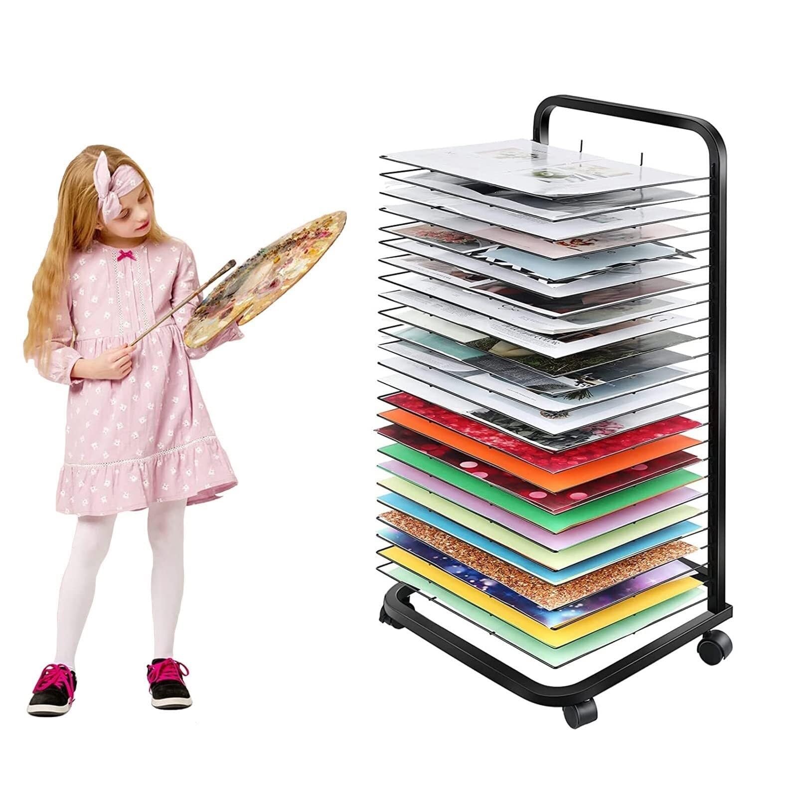 PPXCZZ Mobile Art Drying Rack with 20/25/35 Removable Wire Shelves, Stackable Metal Organizer with Wheels for A3 Paper(20 Shelves)