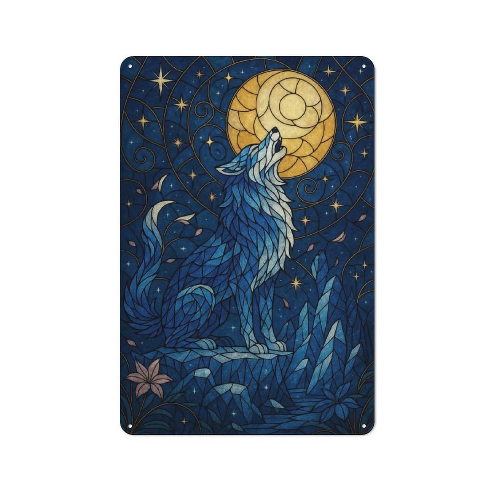 Blue Wolf Howling at The Moon Rustic Tin Sign 30x20cm for Pub Or Café, for Collectors Building A Themed Wall Display