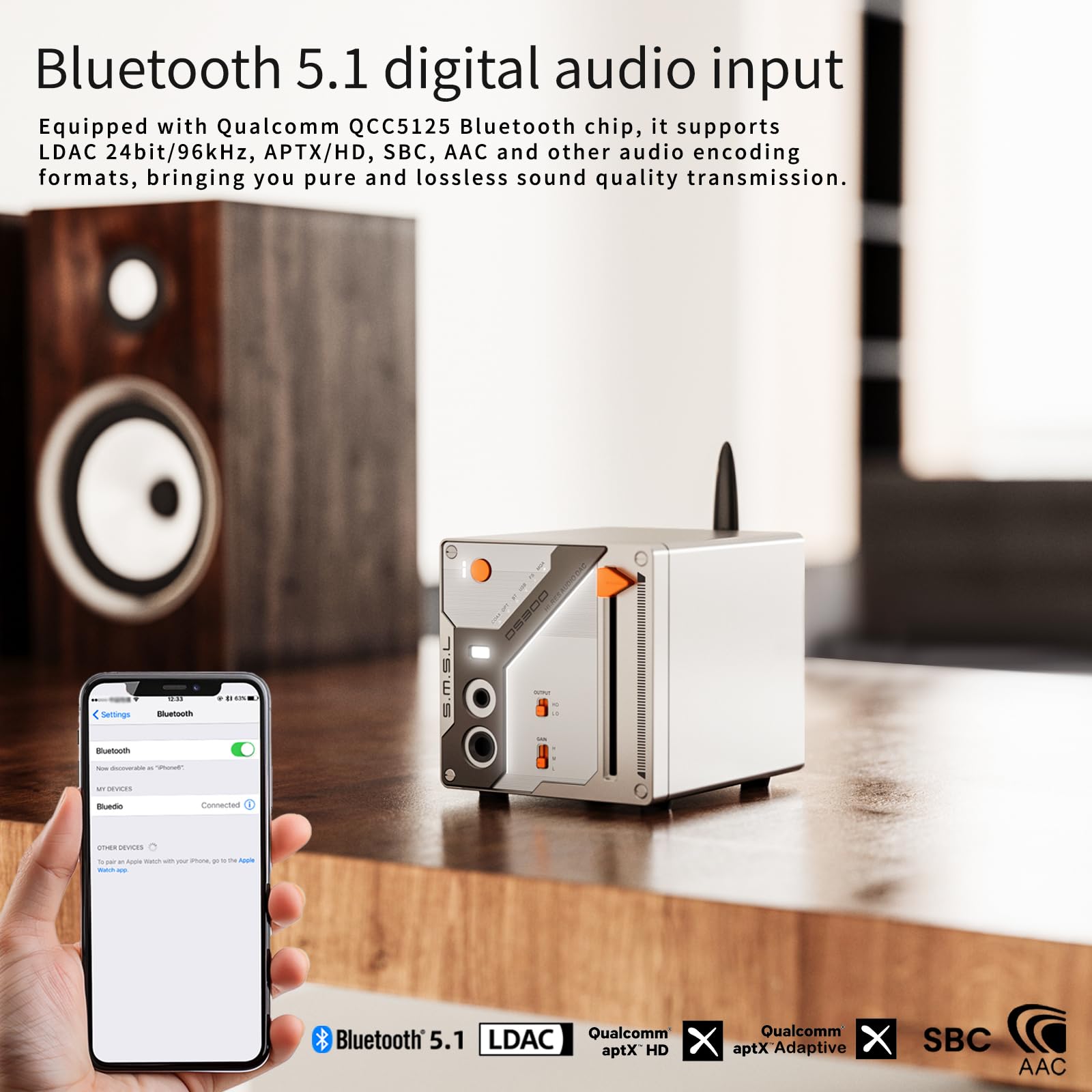 SMSL DS300 Amplificatore per cuffie DAC ad alta Chip ES9039Q2M DAC audio | Bluetooth 5.1 4 Amp operazionali Doppi OPA1612A MQA MQA-CD 6,35 mm/4,4 mm HP PCM 32 bit/768 kHz DSD512 USB/Opt/Coa/BT IN