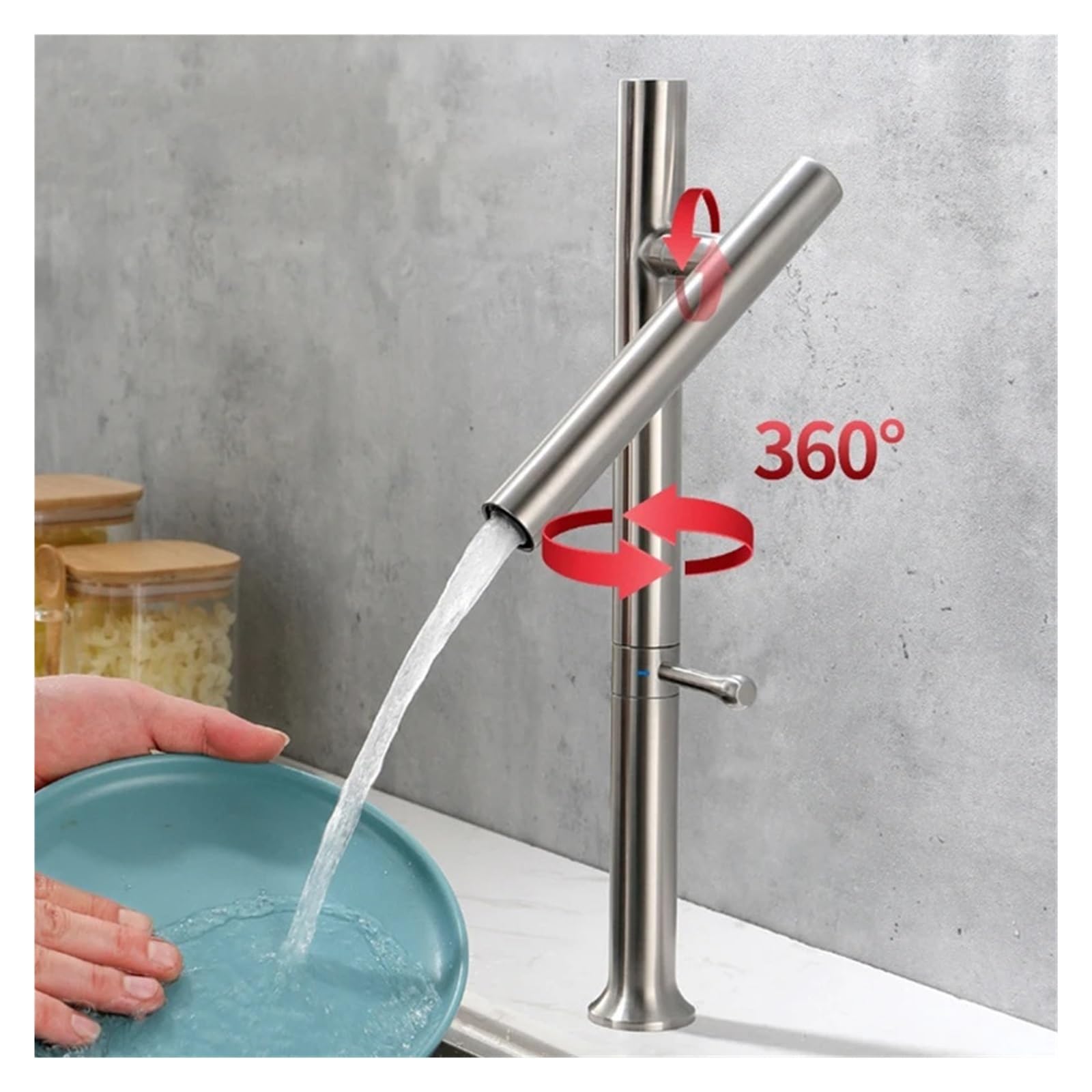 Küchenarmatur aus gebürstetem Nickel, Edelstahl, 360° drehbar, Einhebelmischer für die Montage auf Waschtischplatten, Kalt- und Warmwasseranschluss