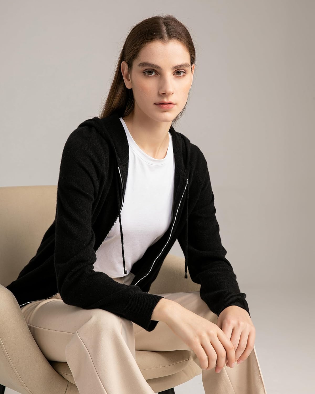 State Cashmere 2-Way Zip Up Hoodie with Pockets and Zipper 100% Pure Cashmere Long Sleeve Sweater for Women Cashmere Hoodies - Image 6