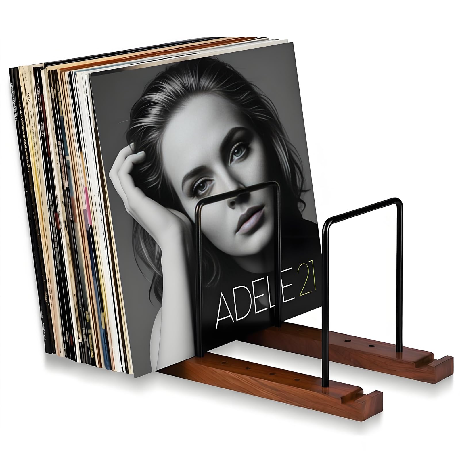 SBLKUY Vinyl Record Storage Holder Rack with Non Slip Grooves Up to 50 Albums Adjustable Black Wood CD Display Stand for Magazine Book Files