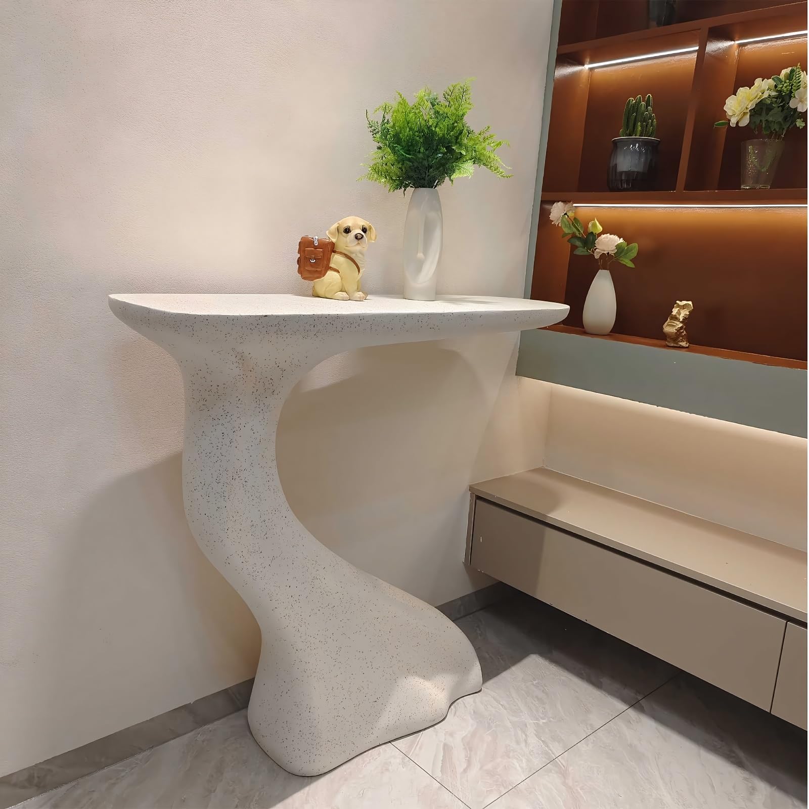 Mesa consola artística moderna y minimalista con gran mesada superior