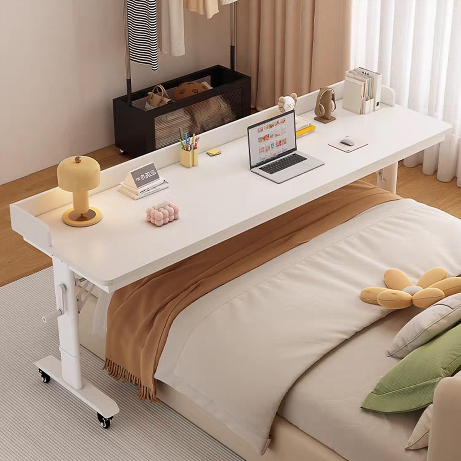 Mesa rodante de altura ajustable con ruedas, estación de trabajo móvil extensible para laptop, escritorio versátil para comedor, bar, oficina en casa, 59 x 19.7 x 28.3 pulgadas