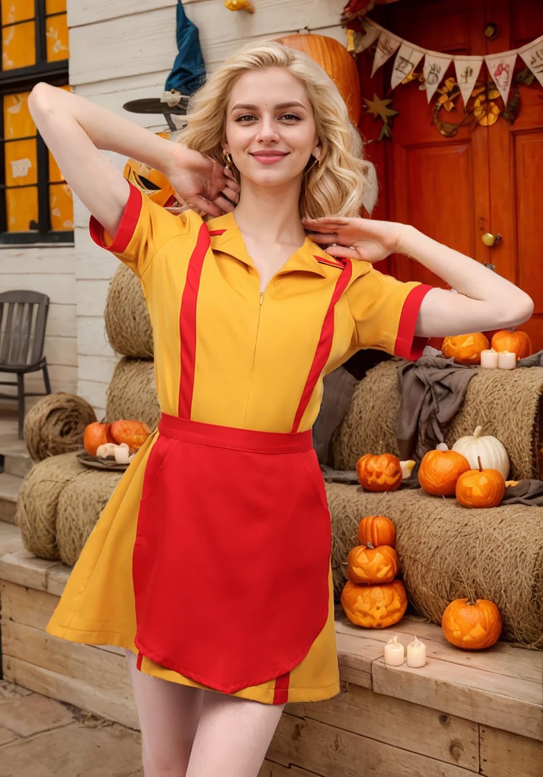 GOLDSTITCH Żółty kostium kelnerki, damski kostium, cosplay, Halloween, kostium