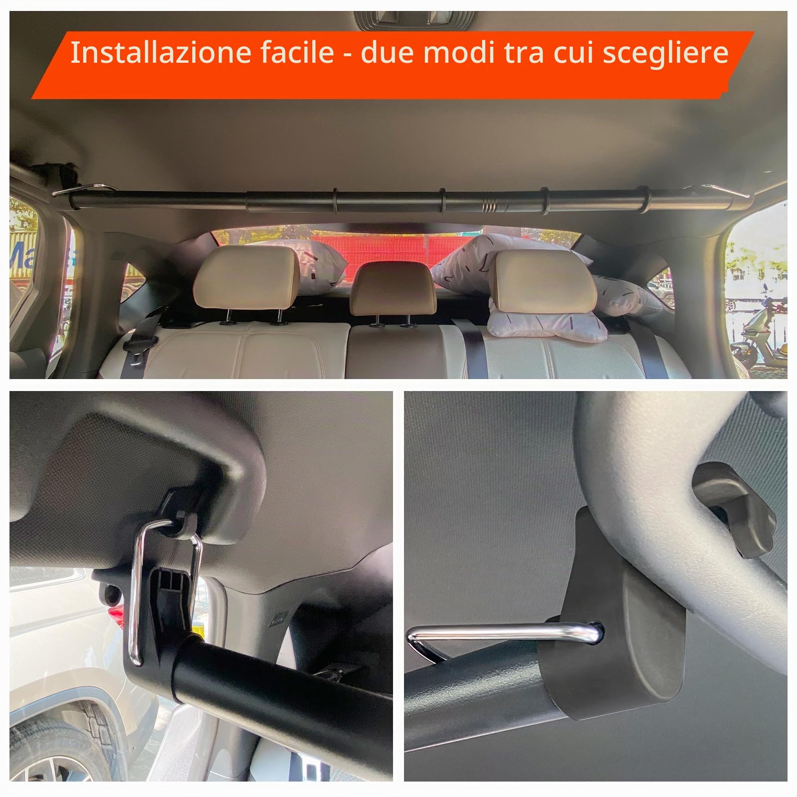 Beinhome Appendiabiti da auto ultraresistente - Lunghezza regolabile 76-160 cm, asta per indumenti da viaggio per una conservazione senza grinze