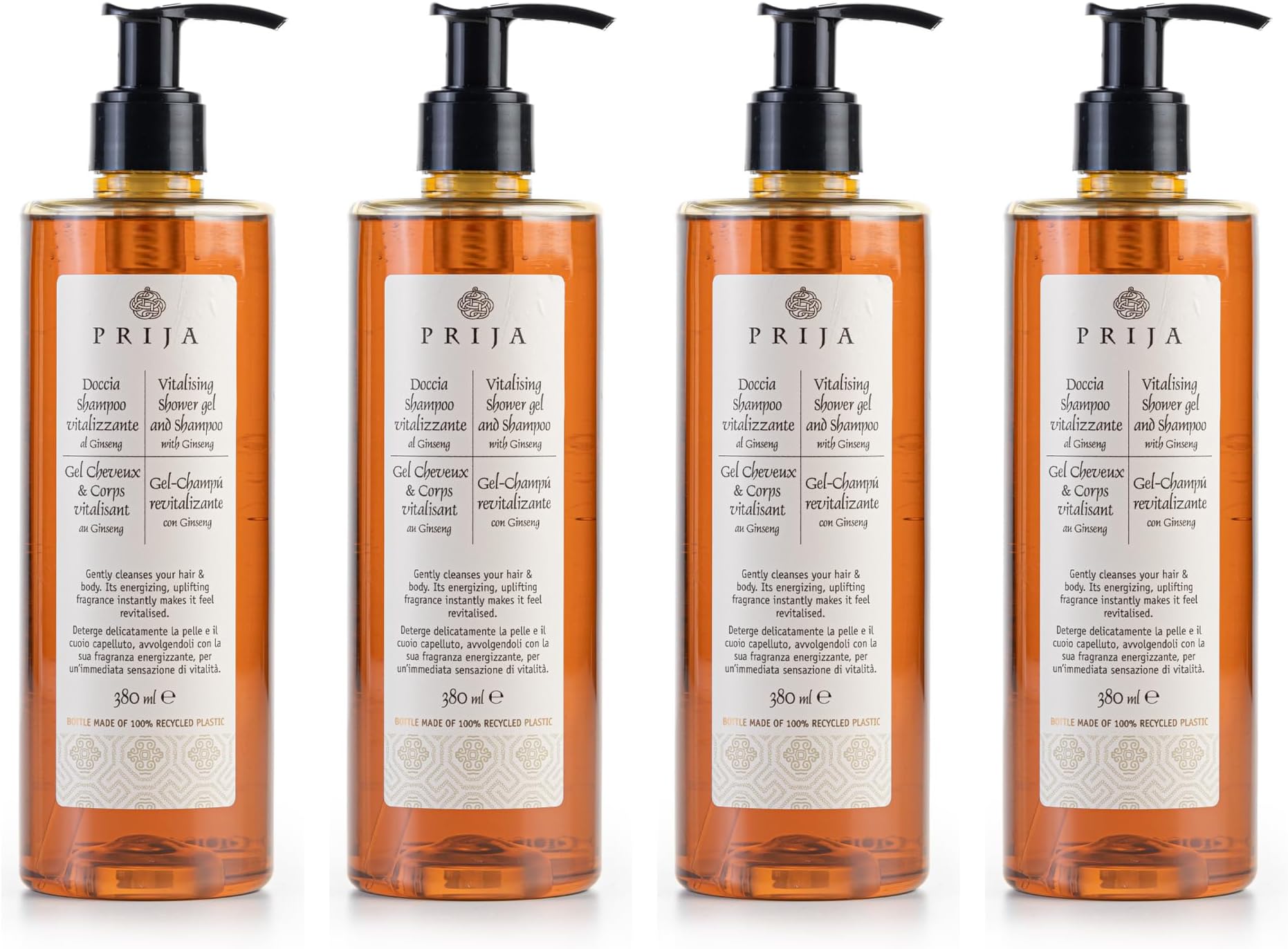 Vitalising Shower Gel and Shampoo with Ginseng Extract - 4 x 380 ml - Hydrating and Energising Body and Hair Wash Gel with Pump Dispenser