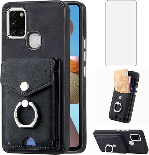 Asuwish Compatible con Samsung Galaxy A21S - Funda tipo cartera y ranura para tarjetas, soporte de anillo delgado, soporte magnético para teléfono,