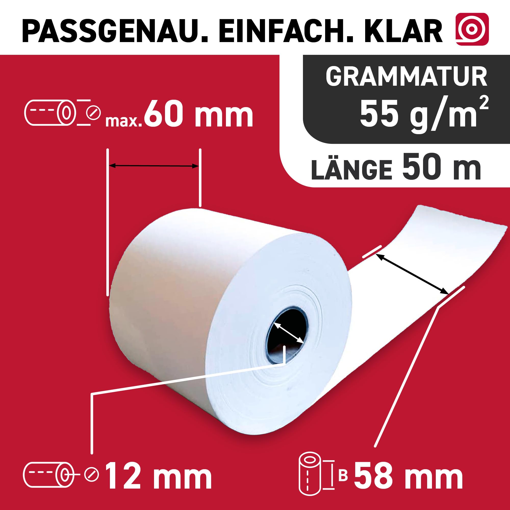 Thermorolle 58 mm x 50 m x 12 mm - BPA-freies Thermopapier - 50 Kassenrollen mit 65 mm Rollendurchmesser – Bonrolle für Waagen, Kassen & Thermodrucker