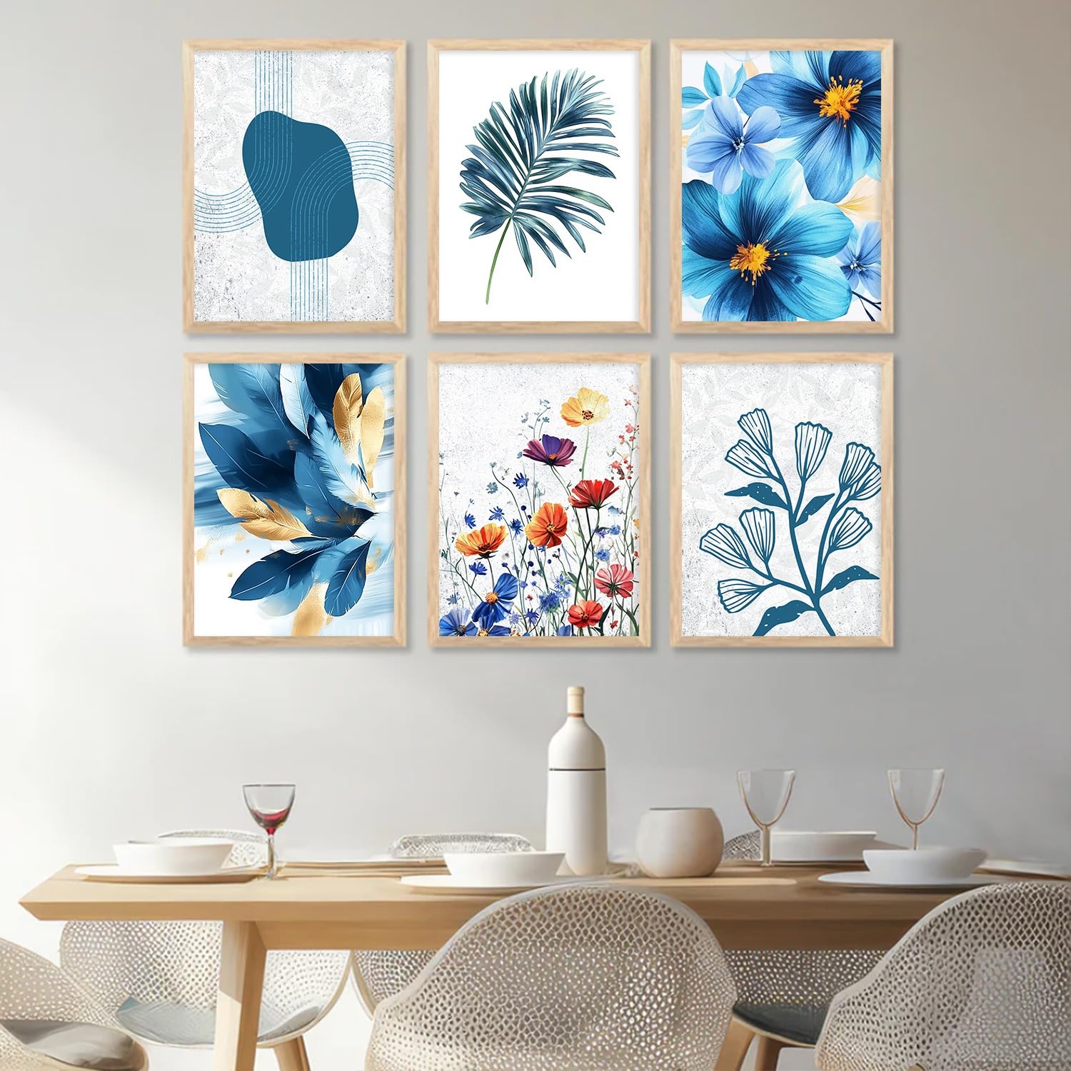 Modern Botanical Wall Art Set 6-Piece Framed Art Prints, Blue Floral and Abstract Design, Mandala Art Living Room Dining Room Wall Decor ideas, (25 cm x 33 cm)