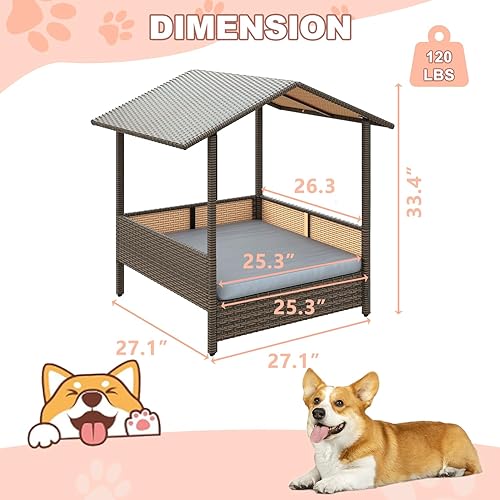 Miniatura 2 de LEMBERI Casa para perros de ratán al aire libre con toldo, cama interior para perros pequeños y medianos con cojín extraíble, funda lavable, refugio