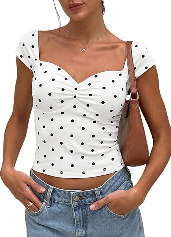 FOMELY Womens Polka Dot Top 2026 Summer Cap Sleeve Sweetheart Neck Crop Top Cute Y2K Going Out Tops