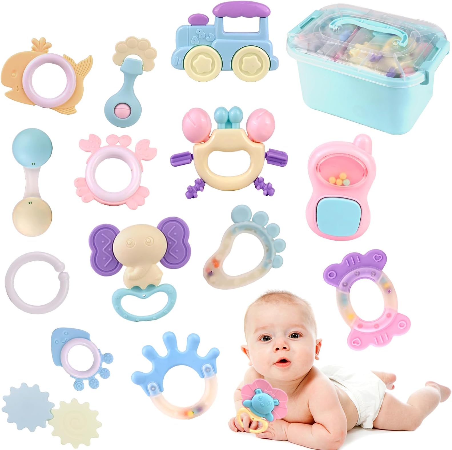 Baby Teether Toy Rattle for Baby Toys 10+ Months Plus with Storage Box -14 Pcs BPA Free Soft Silicone Teething Toys Newborn Baby Sensory Toys for 1+ Year Old Early Educational Gifts (14Pcs)