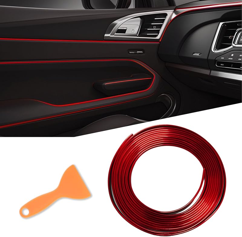 Moldura Decorativa Interna para Carro JoyQxialtj em PVC Vermelho com Acabamento Cromado – Rolo de 5 m