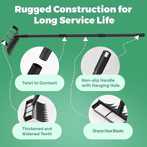 Miniatura 6 de Herramienta de jardín con estribo y mango ajustable de acero inoxidable de 76.8 pulgadas, azada de jardín resistente y rastrillo de 12 dientes 2 en