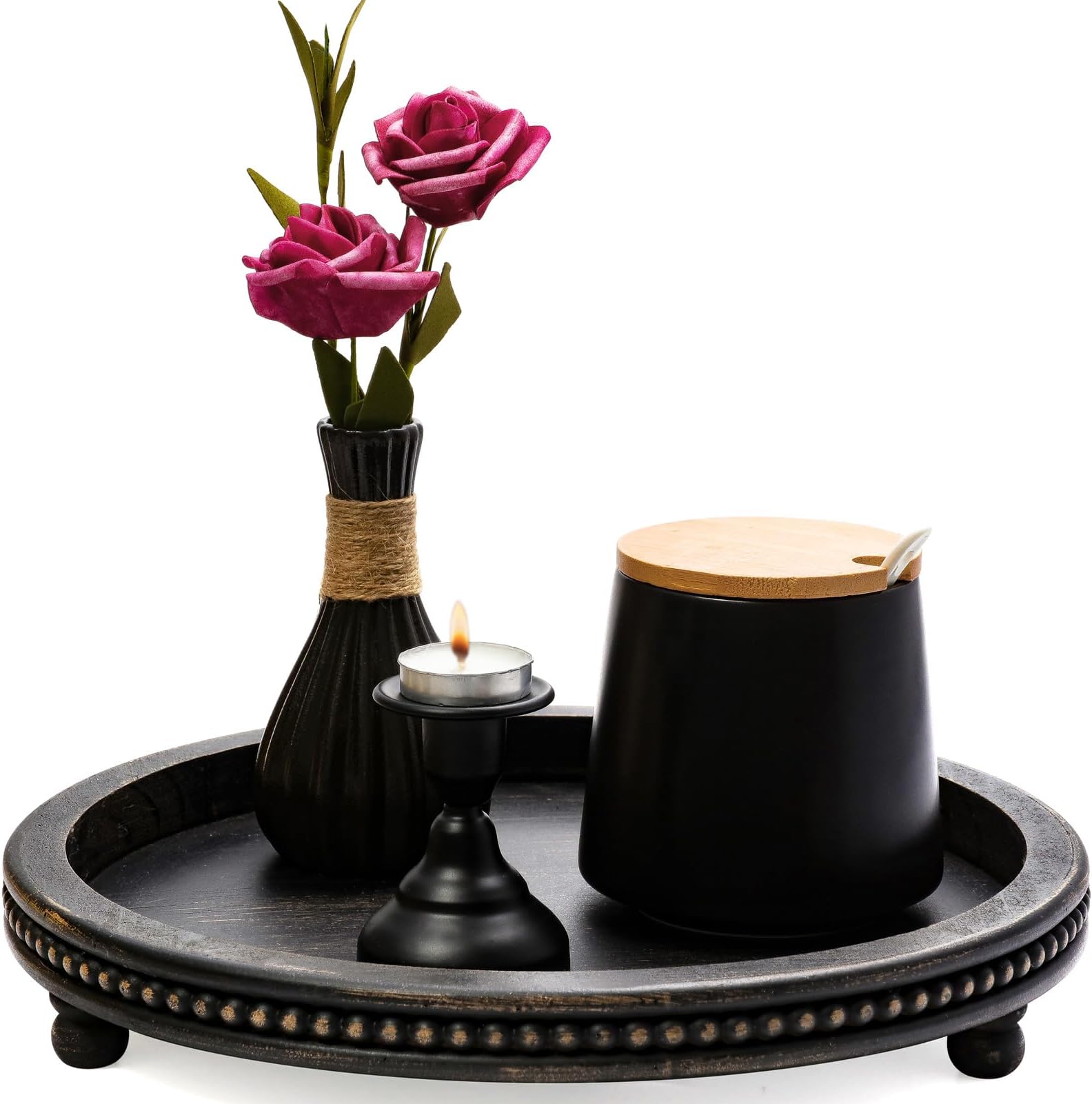 Wooden Tray Decor, Small Beaded Coffee Table Tray Decor, Black Round Decorative Tray for Coffee Table, Dining Room Table Entryway and Living Room Table