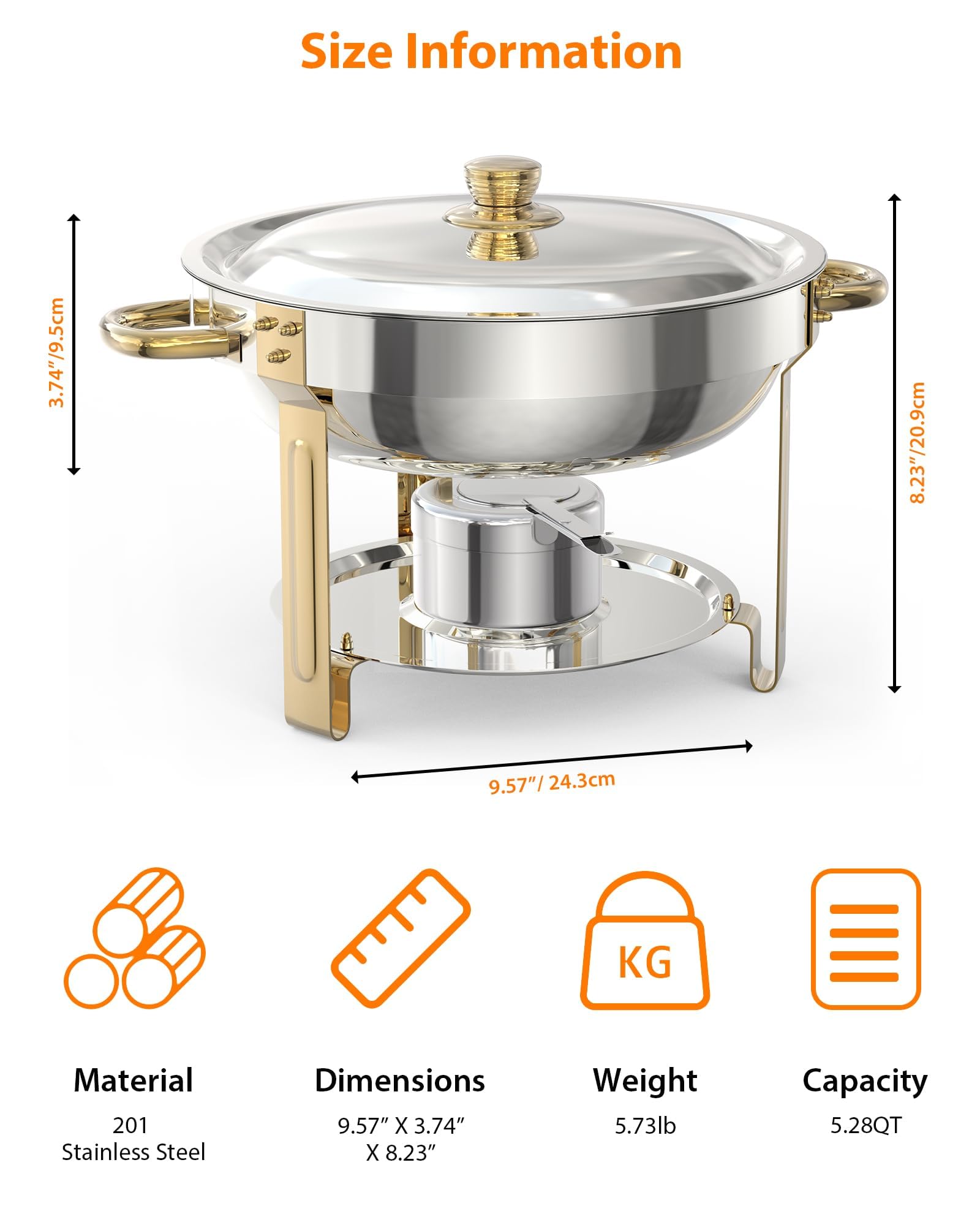 Garvee Juego de 2 platos de cocina redondos de 5 litros para catering, calentadores de alimentos de acero inoxidable con tapas, sartenes de alimentos y soporte de combustible para restaurante