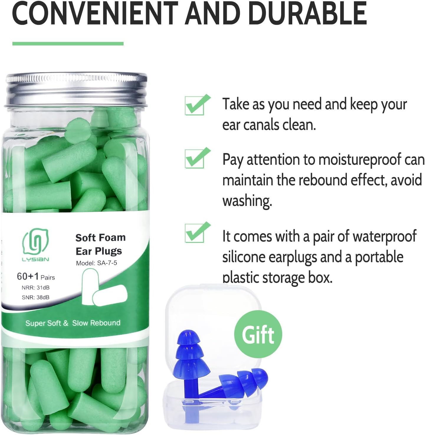 LYSIAN Ultra Soft Foam Earplugs for Sleep - 38dB Noise Reduction Ear Plugs for Sleeping Noise Cancelling, Work, Travel and Shooting Range -60 Pairs Value Pack(Water Blue)