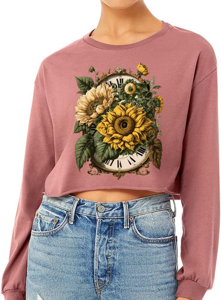 Sunflower Cropped Long Sleeve T-Shirt - Trendy Women's T-Shirt - Cool Graphic Long Sleeve Tee